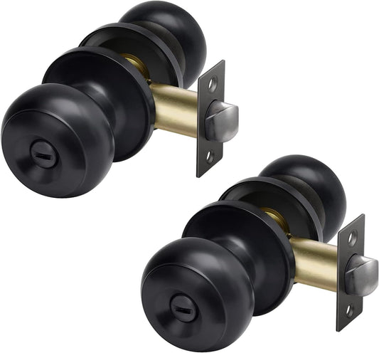 Stainless Steel Privacy Door Knob (2 Pack) for Bedroom and Bathroom - Keyless Round Ball Handle Locks in Matte Black