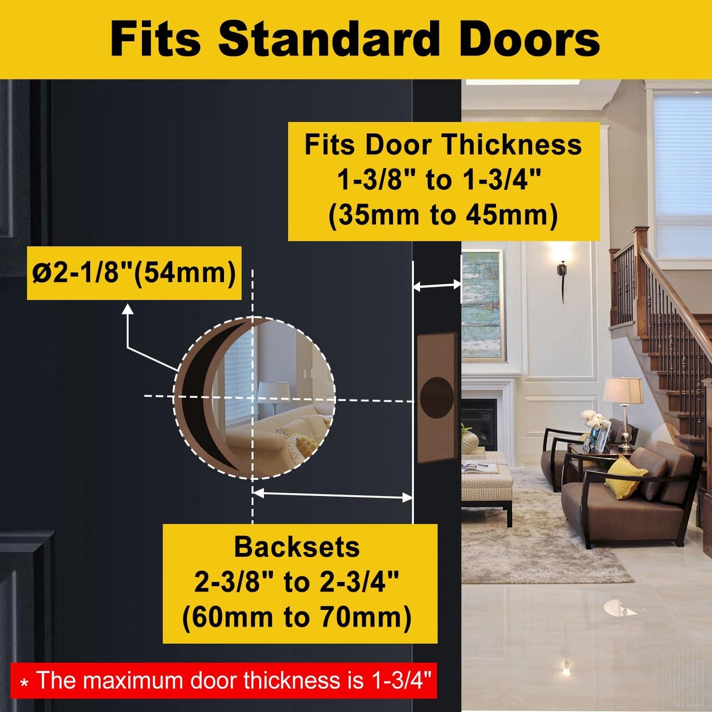 Stainless Steel Privacy Door Knob (2 Pack) for Bedroom and Bathroom - Keyless Round Ball Handle Locks in Matte Black