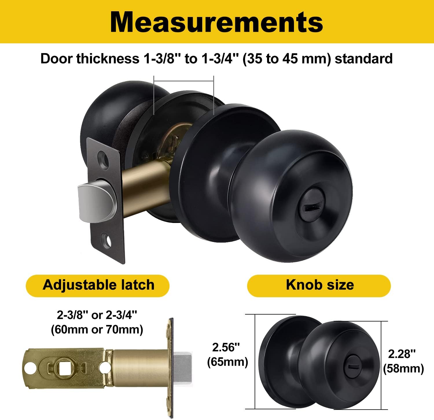 Stainless Steel Privacy Door Knob (2 Pack) for Bedroom and Bathroom - Keyless Round Ball Handle Locks in Matte Black