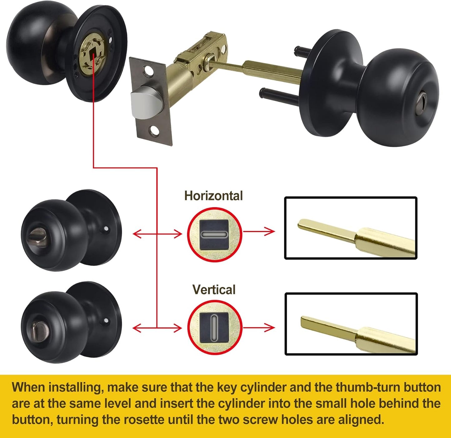 Stainless Steel Privacy Door Knob (2 Pack) for Bedroom and Bathroom - Keyless Round Ball Handle Locks in Matte Black