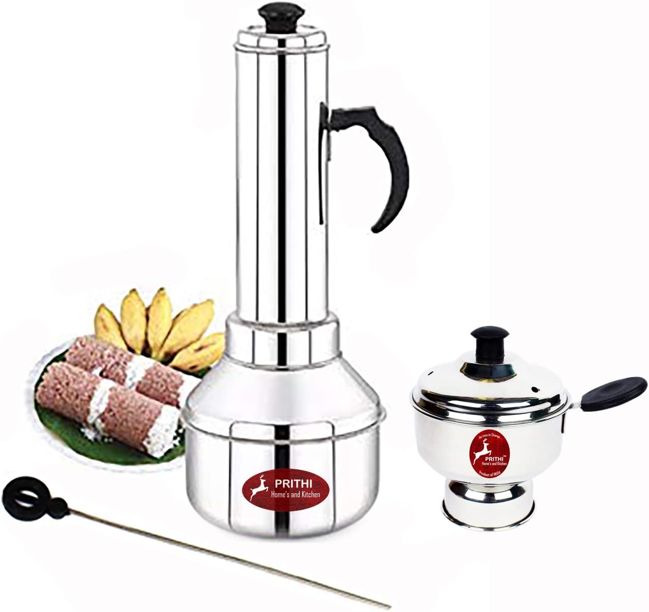 Stainless Steel Puttu Maker Combo Set - 1.5 L Puttu Kudam & Chiratta Puttu Steamer by Prithi Home's and Kitchen