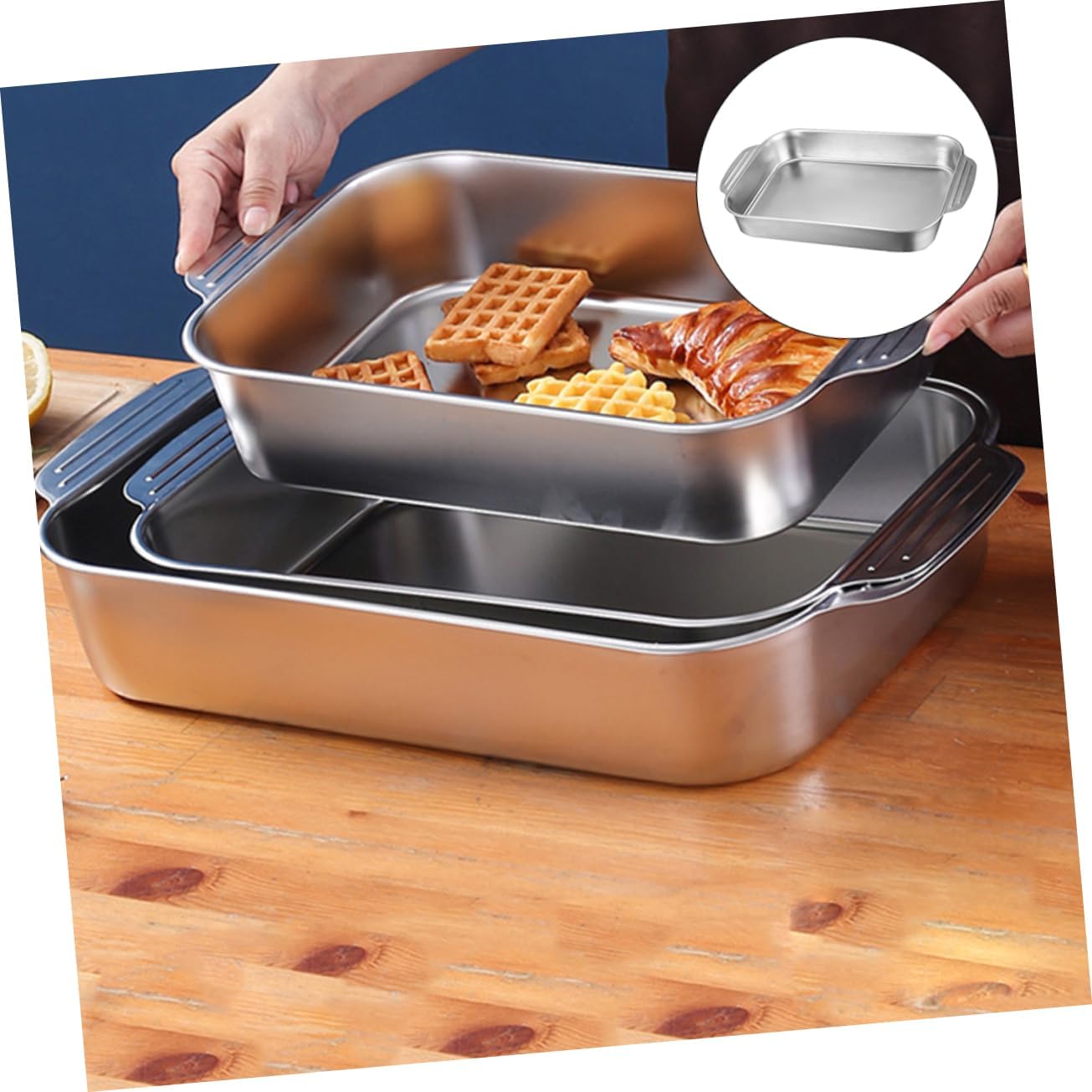 Stainless Steel Rectangular Baking Dish with Double Handles - 4.1L Capacity - Safe for Microwave, Oven & Steamer - Easy to Clean - Ideal for 3-4 Person Size Cookware