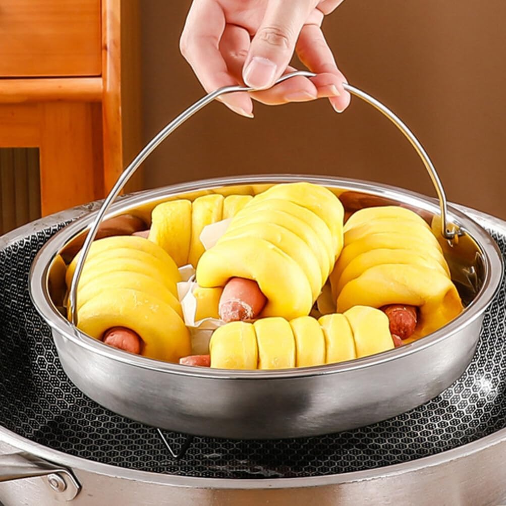 Stainless Steel Round Steamer Basket with Handle for Cooking Veggie, Fish, Seafood, Dumplings - 22CM