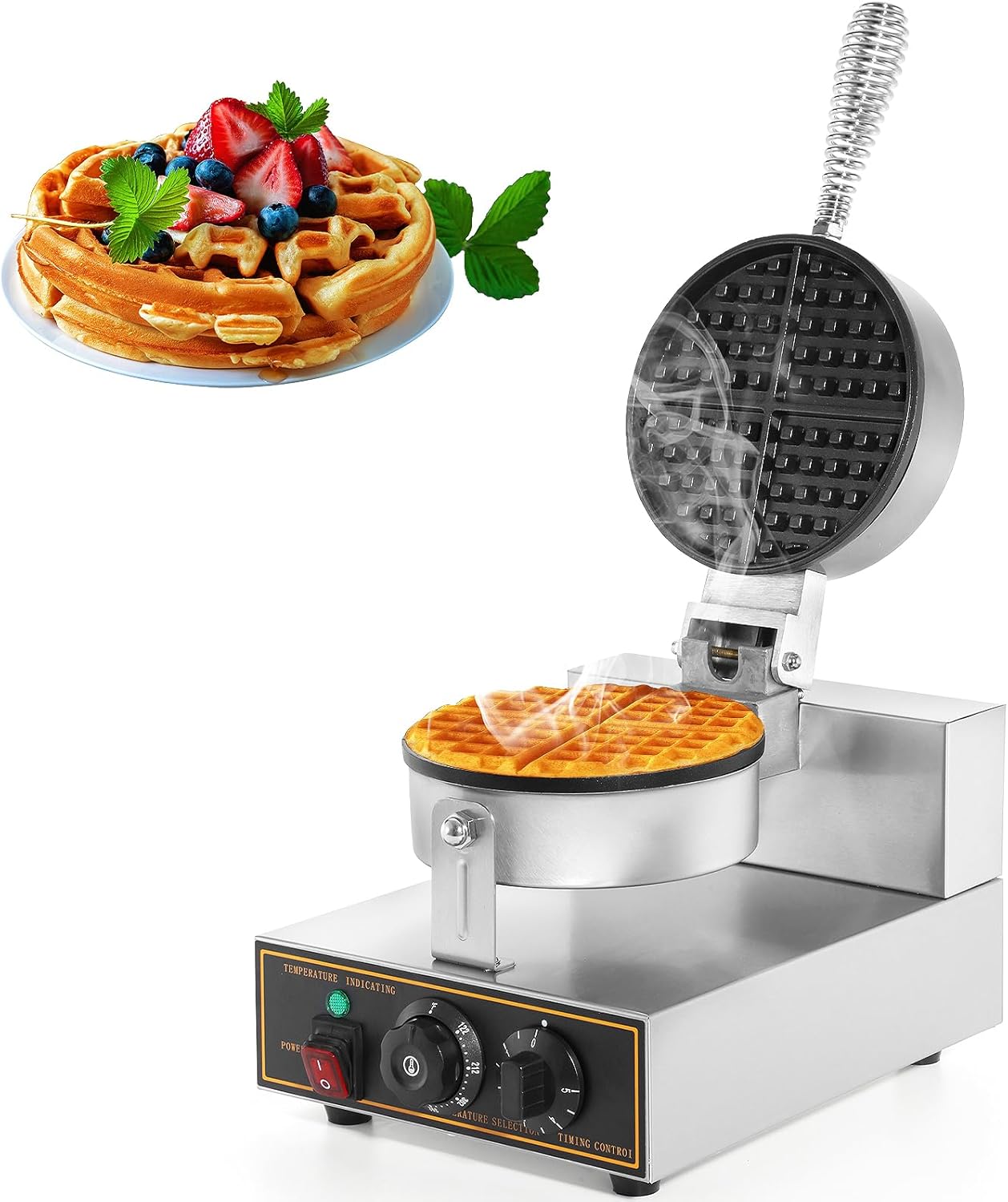 Stainless Steel Round Waffle Maker Machine - Non-stick Electric Waffle Iron for Bakery, Restaurant, Snack Bar - 1200W 110V