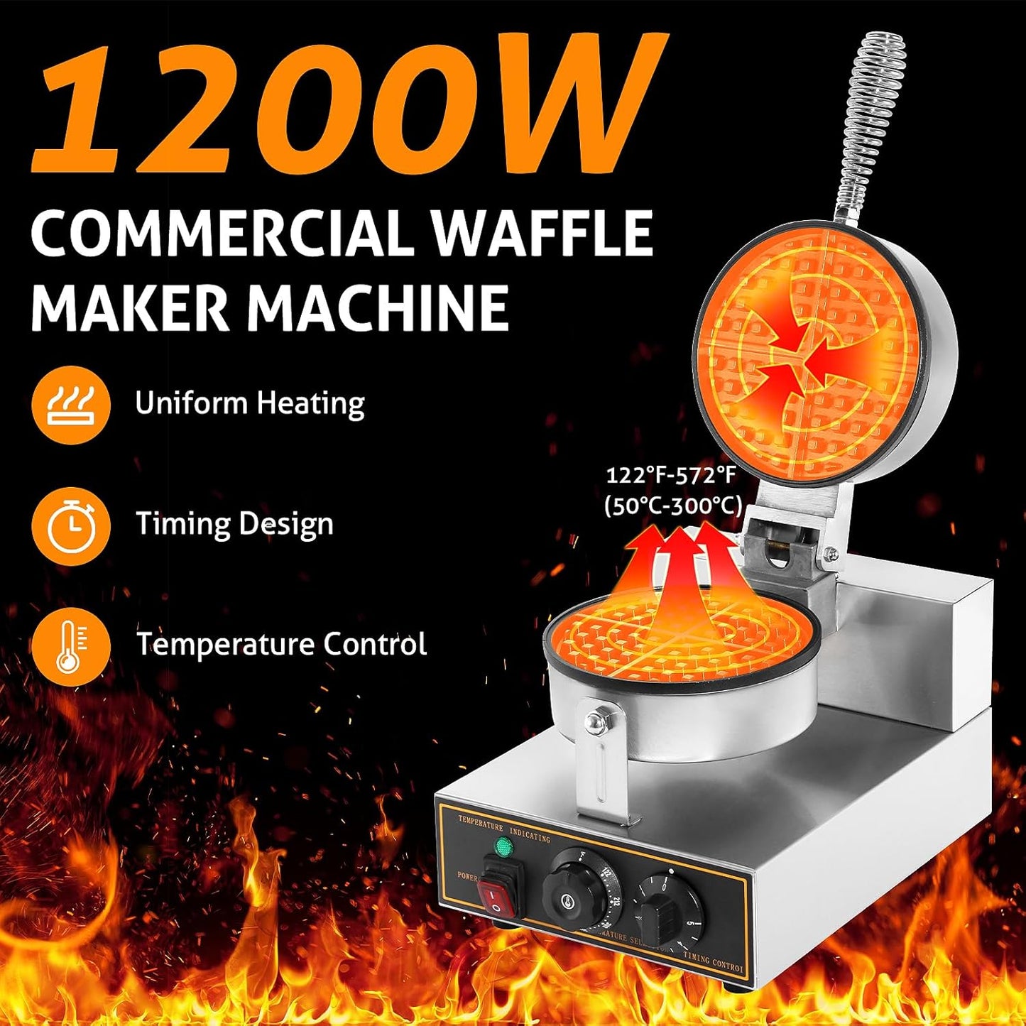 Stainless Steel Round Waffle Maker Machine - Non-stick Electric Waffle Iron for Bakery, Restaurant, Snack Bar - 1200W 110V