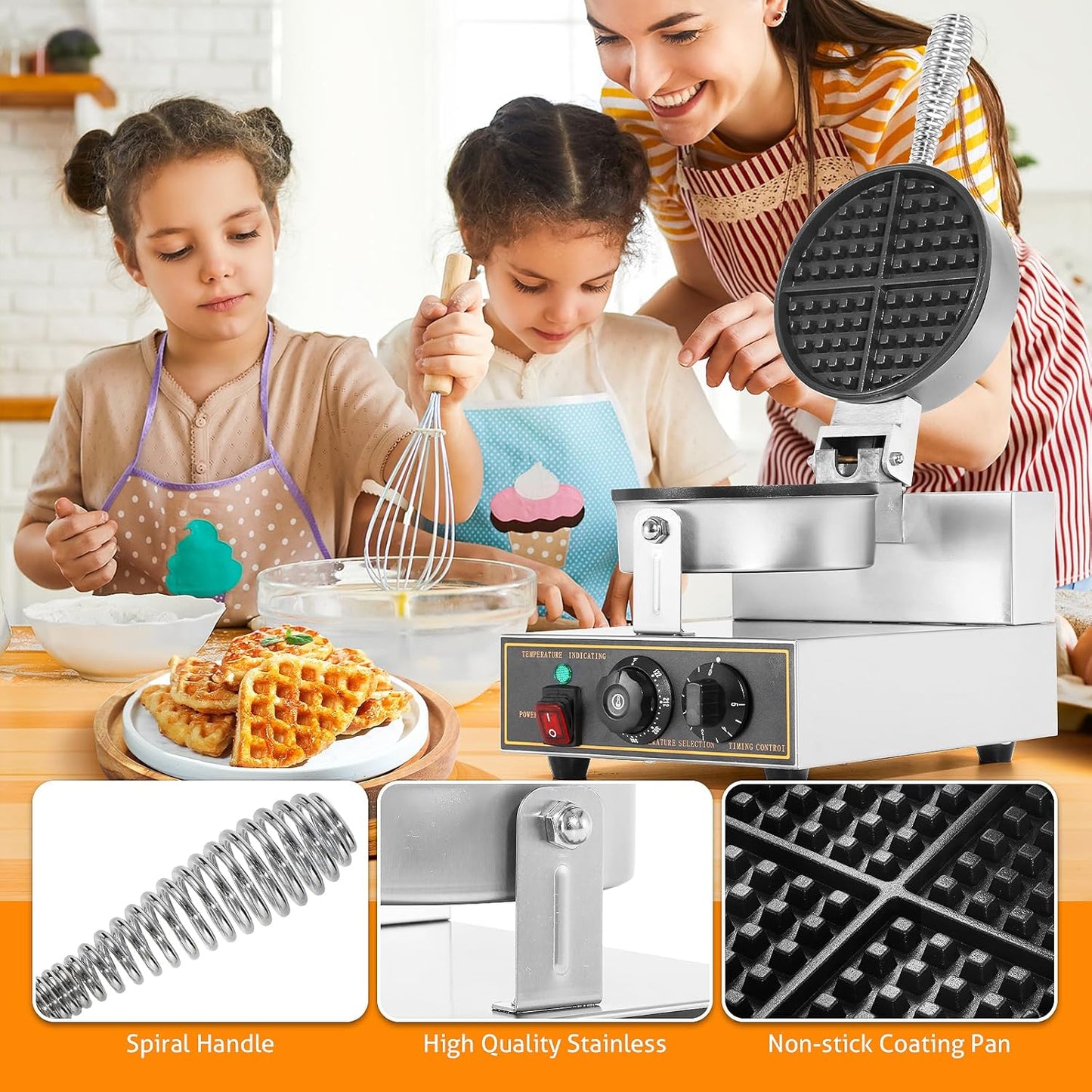 Stainless Steel Round Waffle Maker Machine - Non-stick Electric Waffle Iron for Bakery, Restaurant, Snack Bar - 1200W 110V