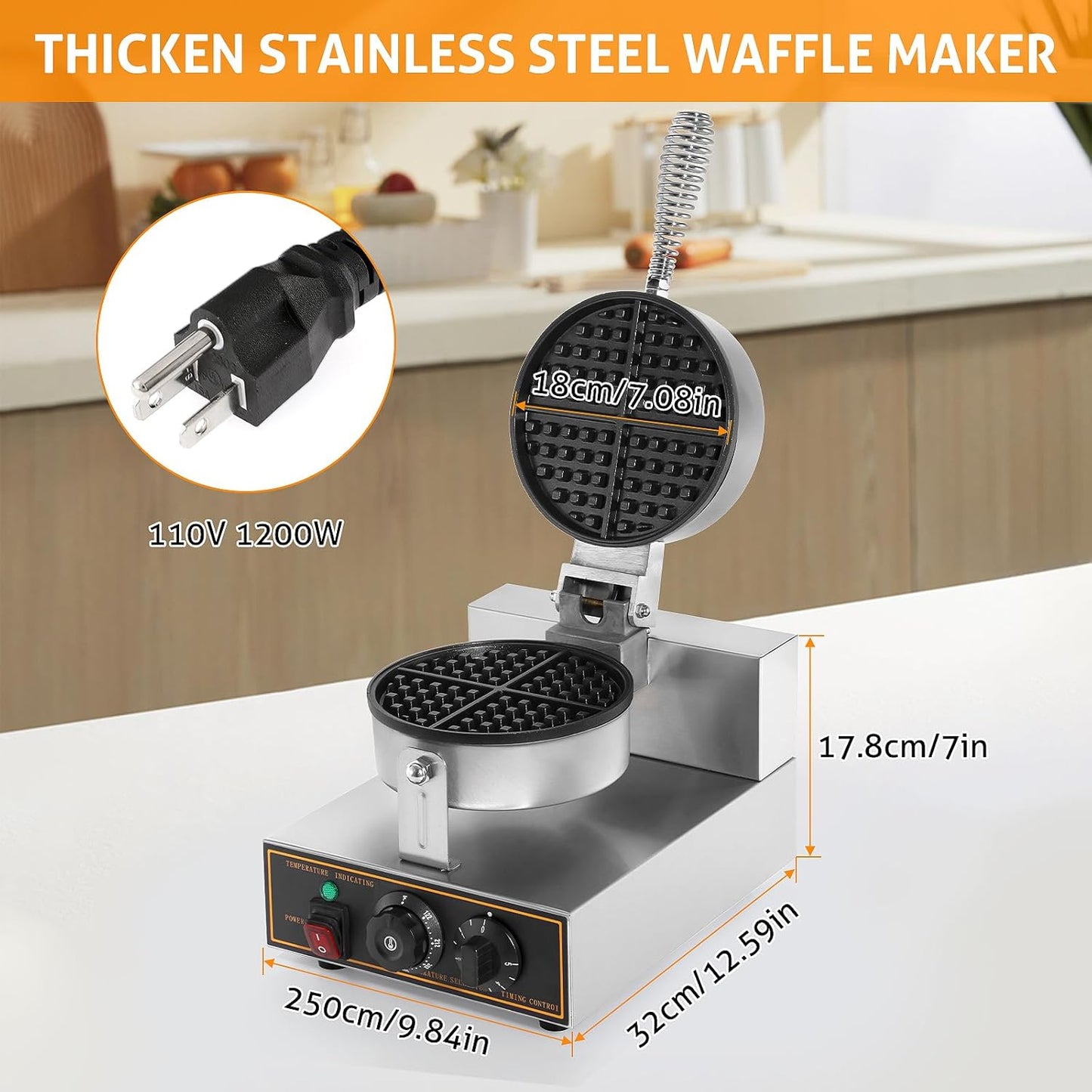 Stainless Steel Round Waffle Maker Machine - Non-stick Electric Waffle Iron for Bakery, Restaurant, Snack Bar - 1200W 110V
