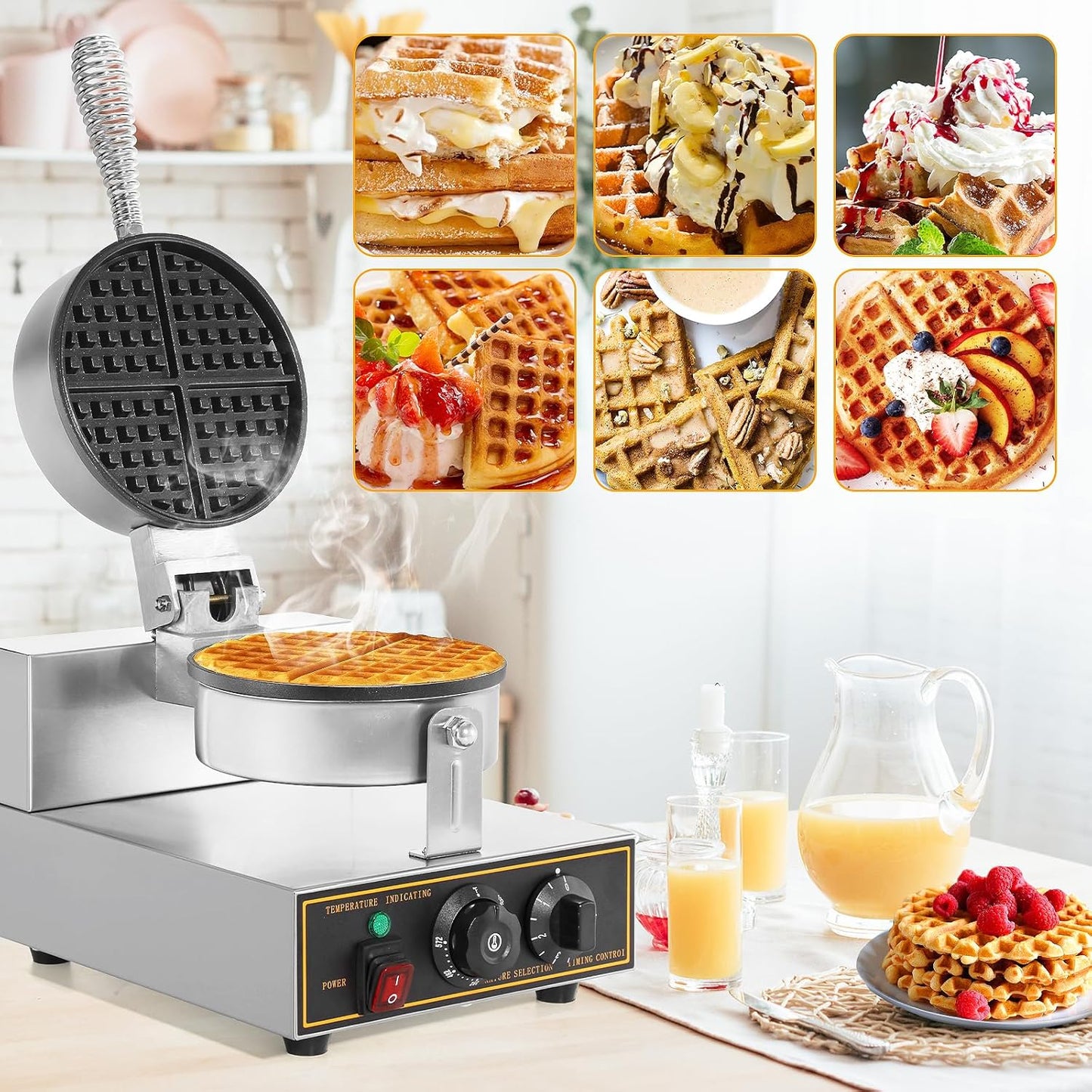 Stainless Steel Round Waffle Maker Machine - Non-stick Electric Waffle Iron for Bakery, Restaurant, Snack Bar - 1200W 110V