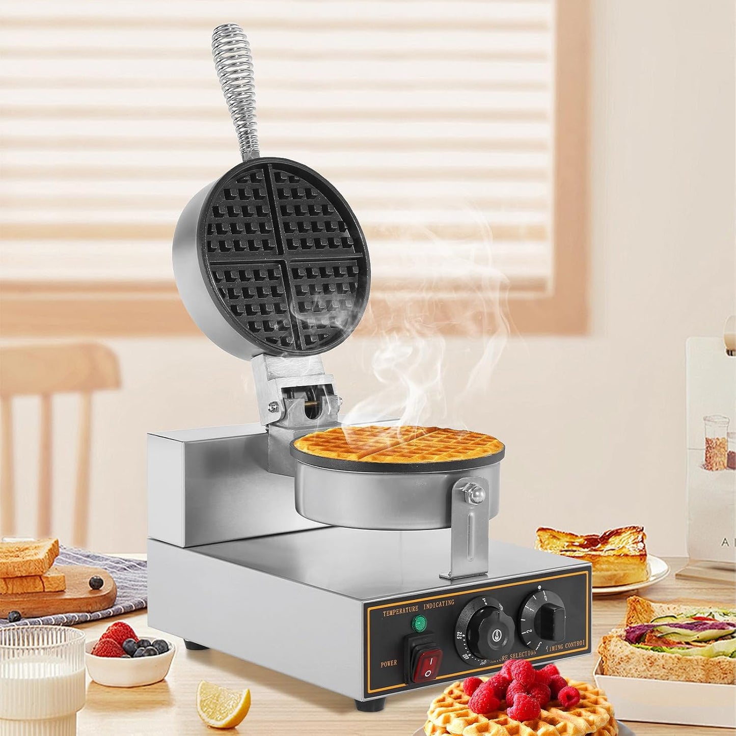 Stainless Steel Round Waffle Maker Machine - Non-stick Electric Waffle Iron for Bakery, Restaurant, Snack Bar - 1200W 110V
