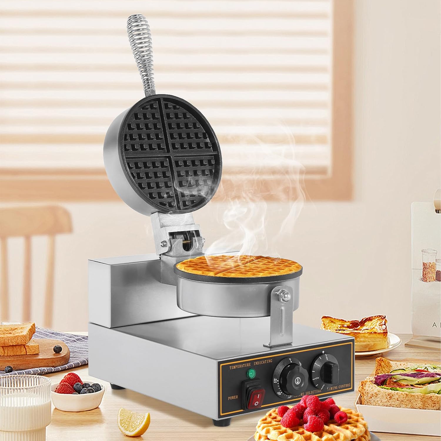 Stainless Steel Round Waffle Maker Machine - Non-stick Electric Waffle Iron for Bakery, Restaurant, Snack Bar - 1200W 110V
