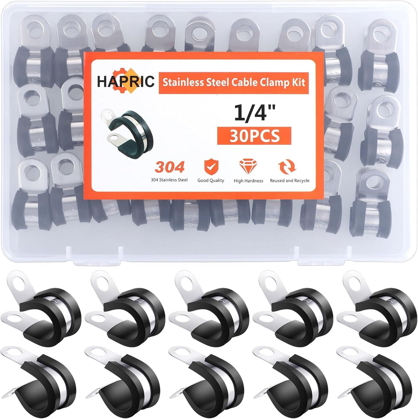 Stainless Steel Rubber Coated Cable Clamps for Automotive Wire and Pipe - 30 Pcs 1/4" Clamp Set by Hapric