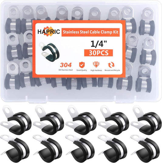 Stainless Steel Rubber Coated Cable Clamps for Automotive Wire and Pipe - 30 Pcs 1/4" Clamp Set by Hapric