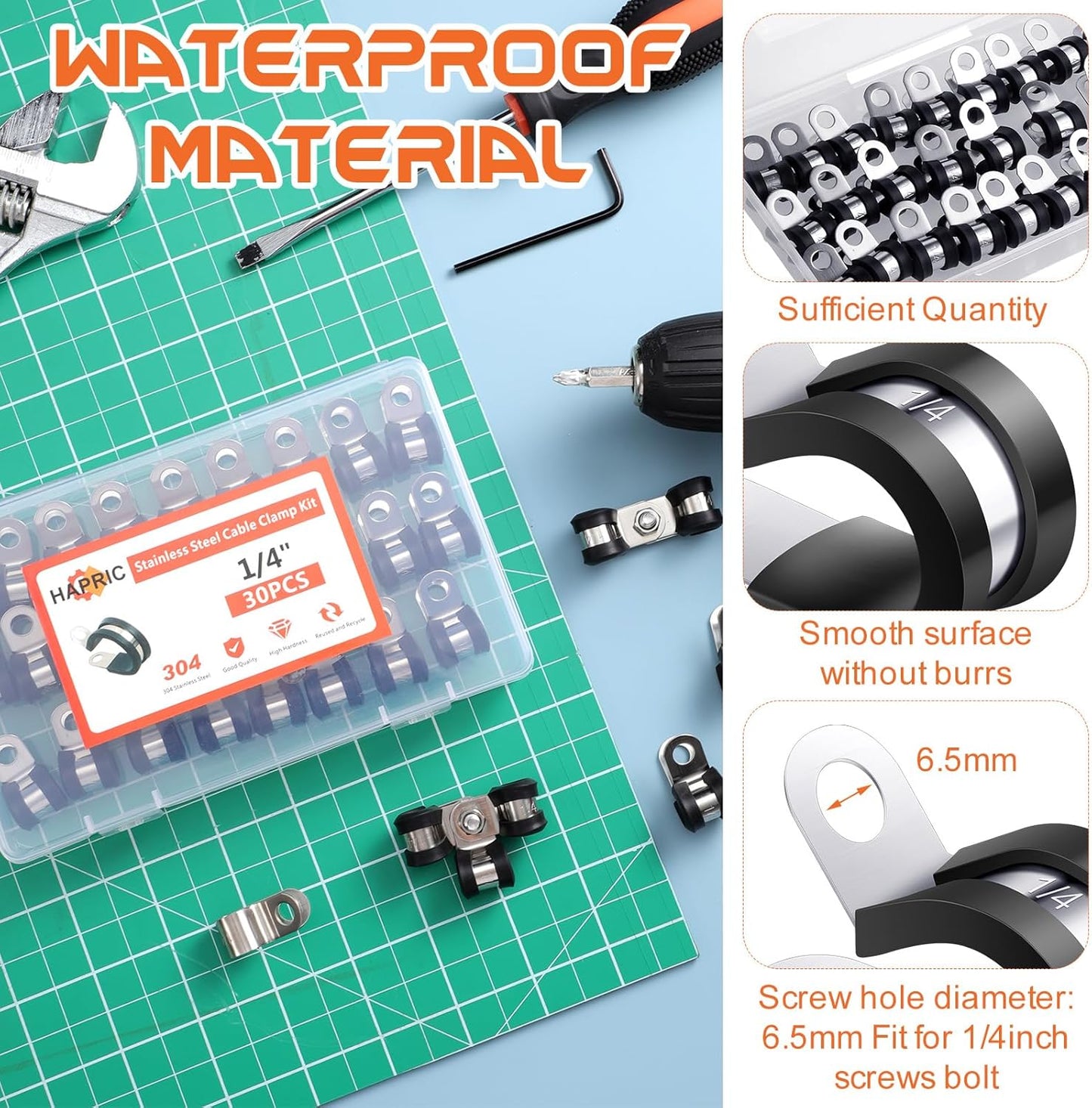 Stainless Steel Rubber Coated Cable Clamps for Automotive Wire and Pipe - 30 Pcs 1/4" Clamp Set by Hapric