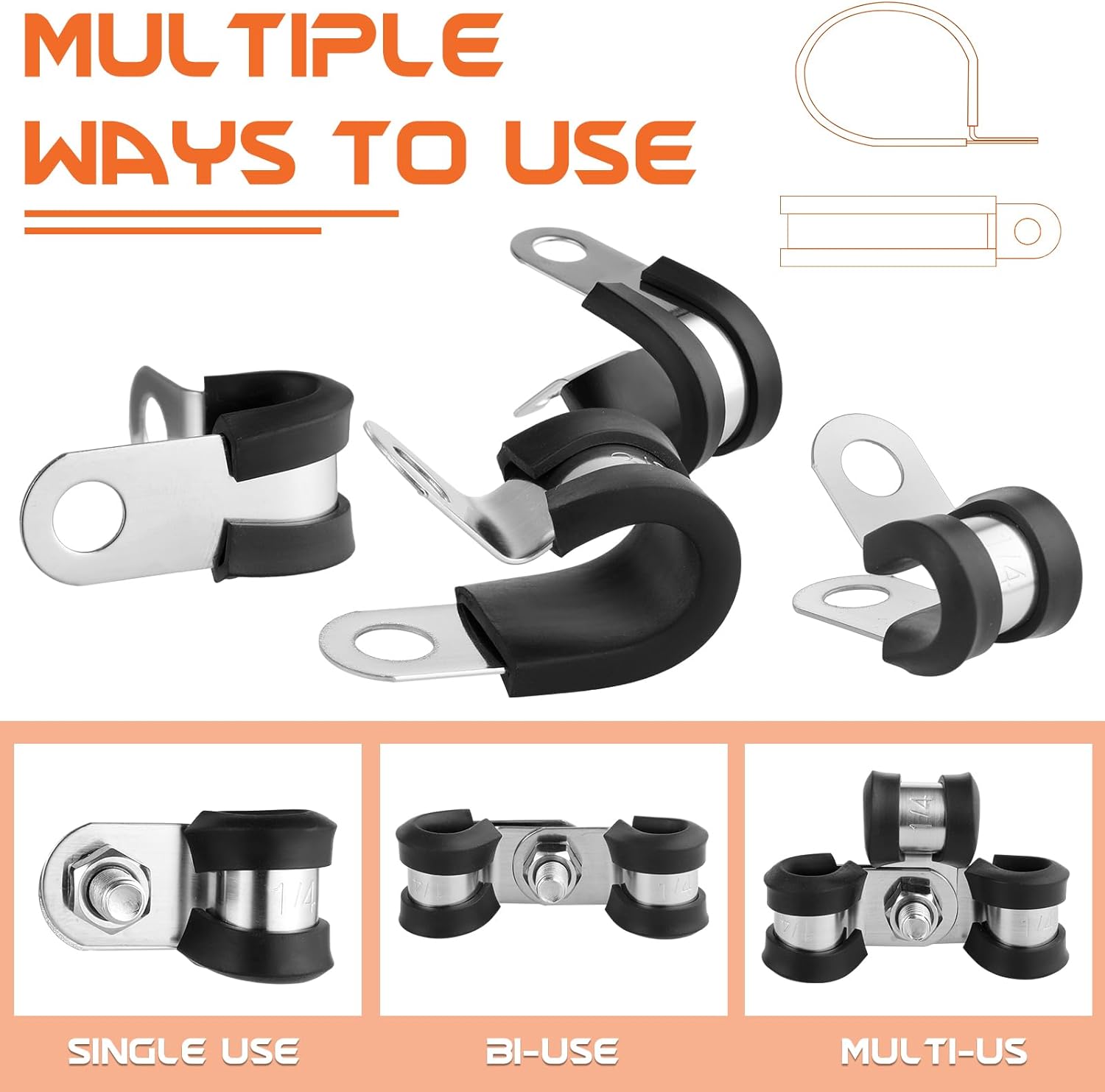 Stainless Steel Rubber Coated Cable Clamps for Automotive Wire and Pipe - 30 Pcs 1/4" Clamp Set by Hapric