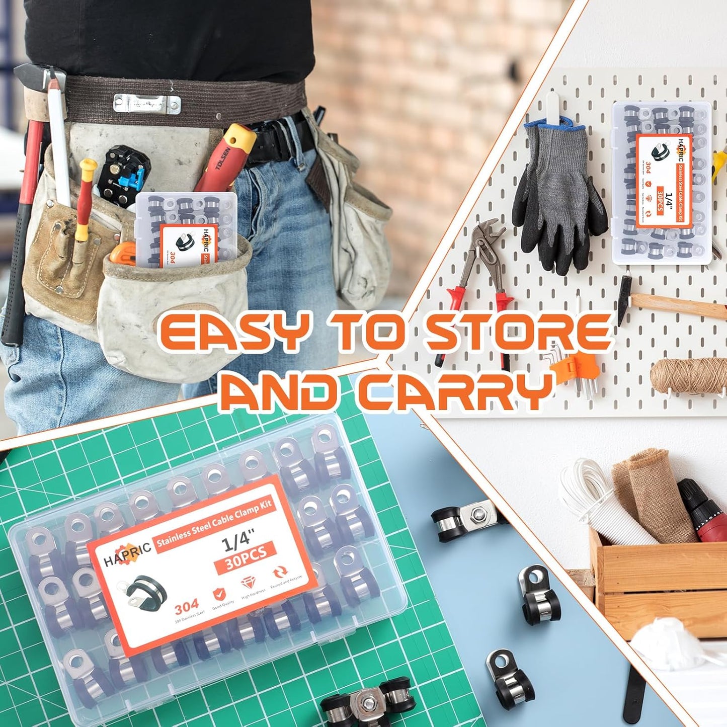 Stainless Steel Rubber Coated Cable Clamps for Automotive Wire and Pipe - 30 Pcs 1/4" Clamp Set by Hapric