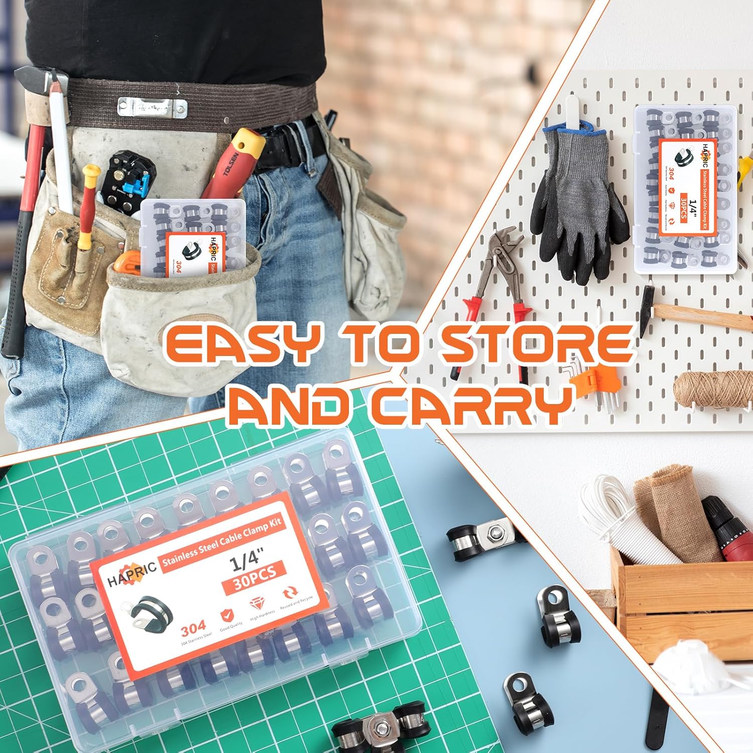 Stainless Steel Rubber Coated Cable Clamps for Automotive Wire and Pipe - 30 Pcs 1/4" Clamp Set by Hapric