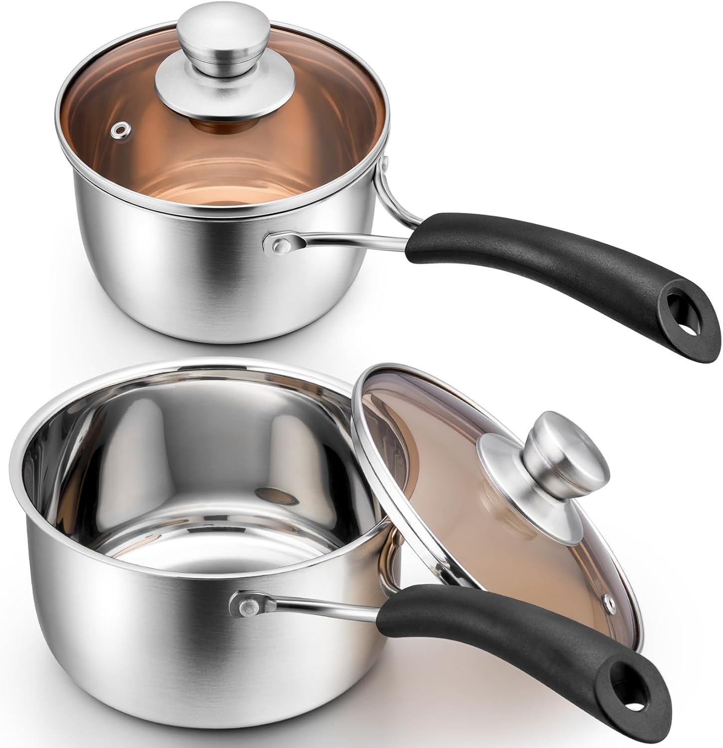 Stainless Steel Saucepan Set with Visible Lid and Heat-proof Handle, 1 QT & 2 QT, Ideal for Kitchen and Restaurant Cooking, Dishwasher Safe