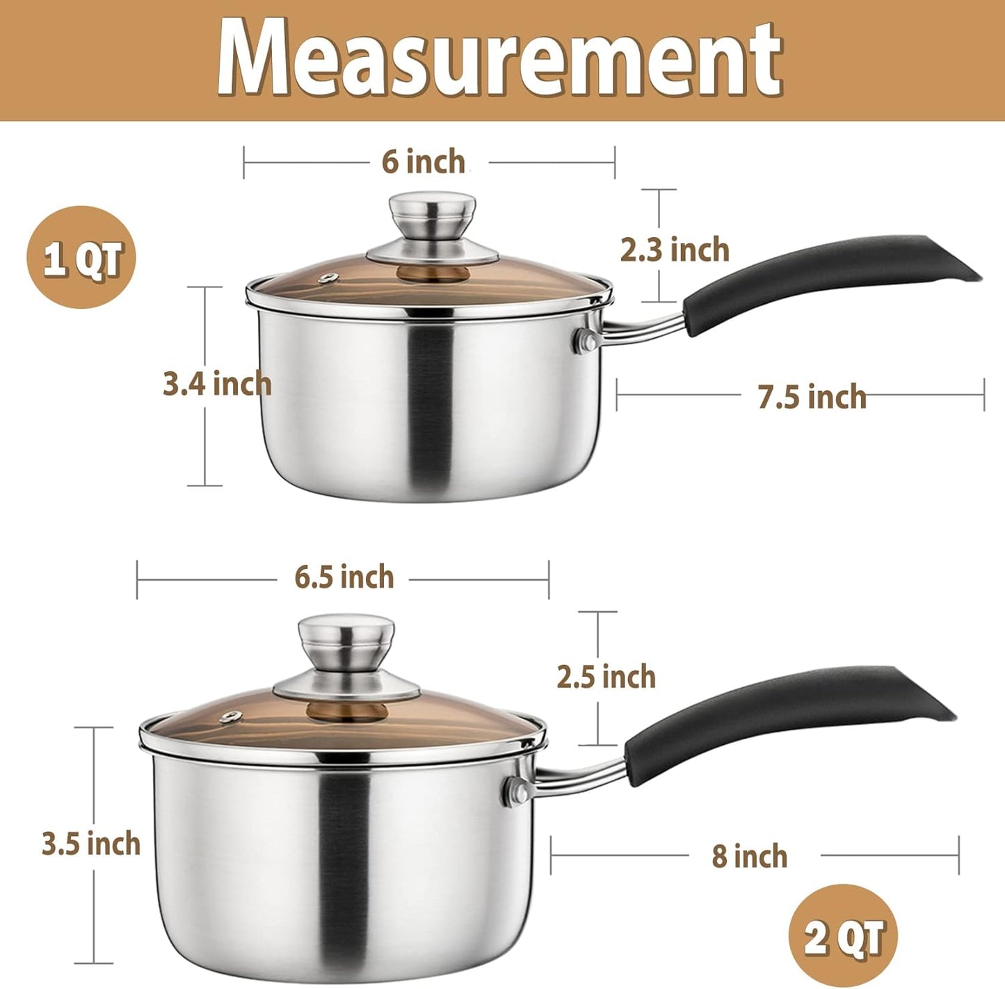 Stainless Steel Saucepan Set with Visible Lid and Heat-proof Handle, 1 QT & 2 QT, Ideal for Kitchen and Restaurant Cooking, Dishwasher Safe