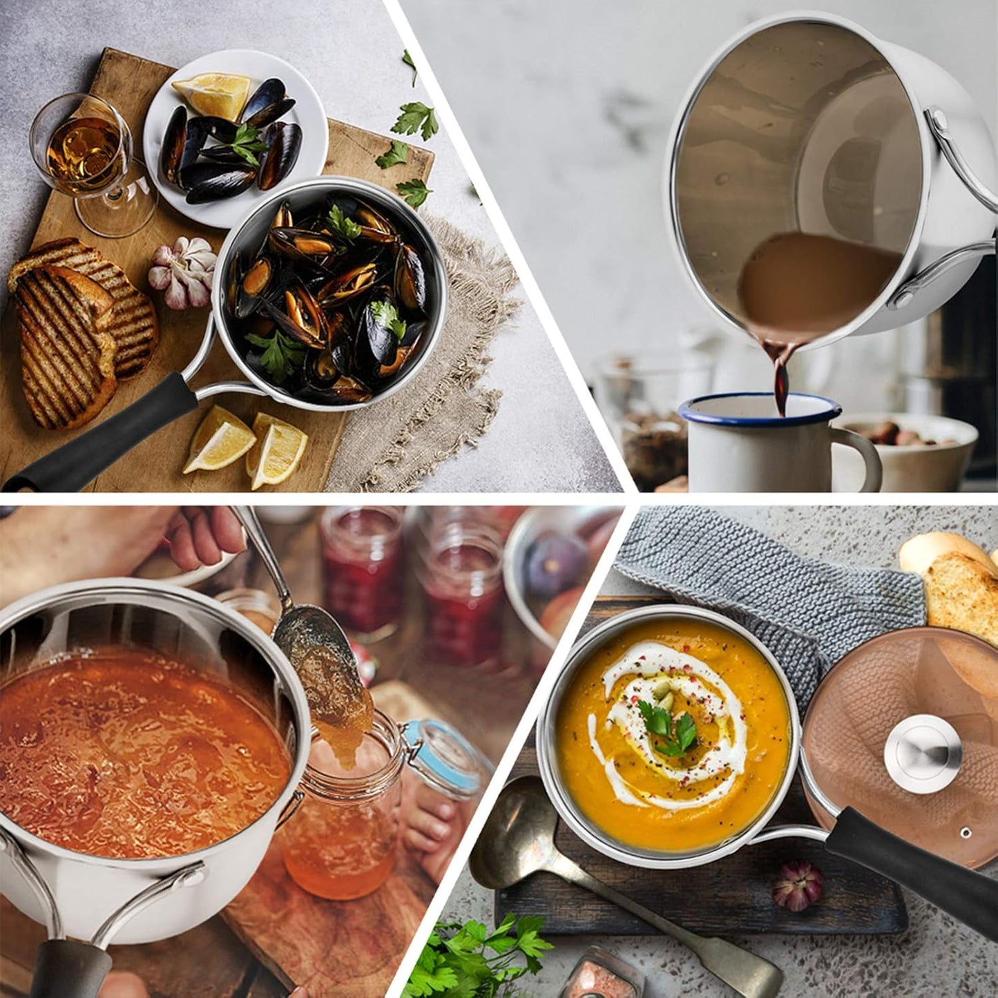 Stainless Steel Saucepan Set with Visible Lid and Heat-proof Handle, 1 QT & 2 QT, Ideal for Kitchen and Restaurant Cooking, Dishwasher Safe