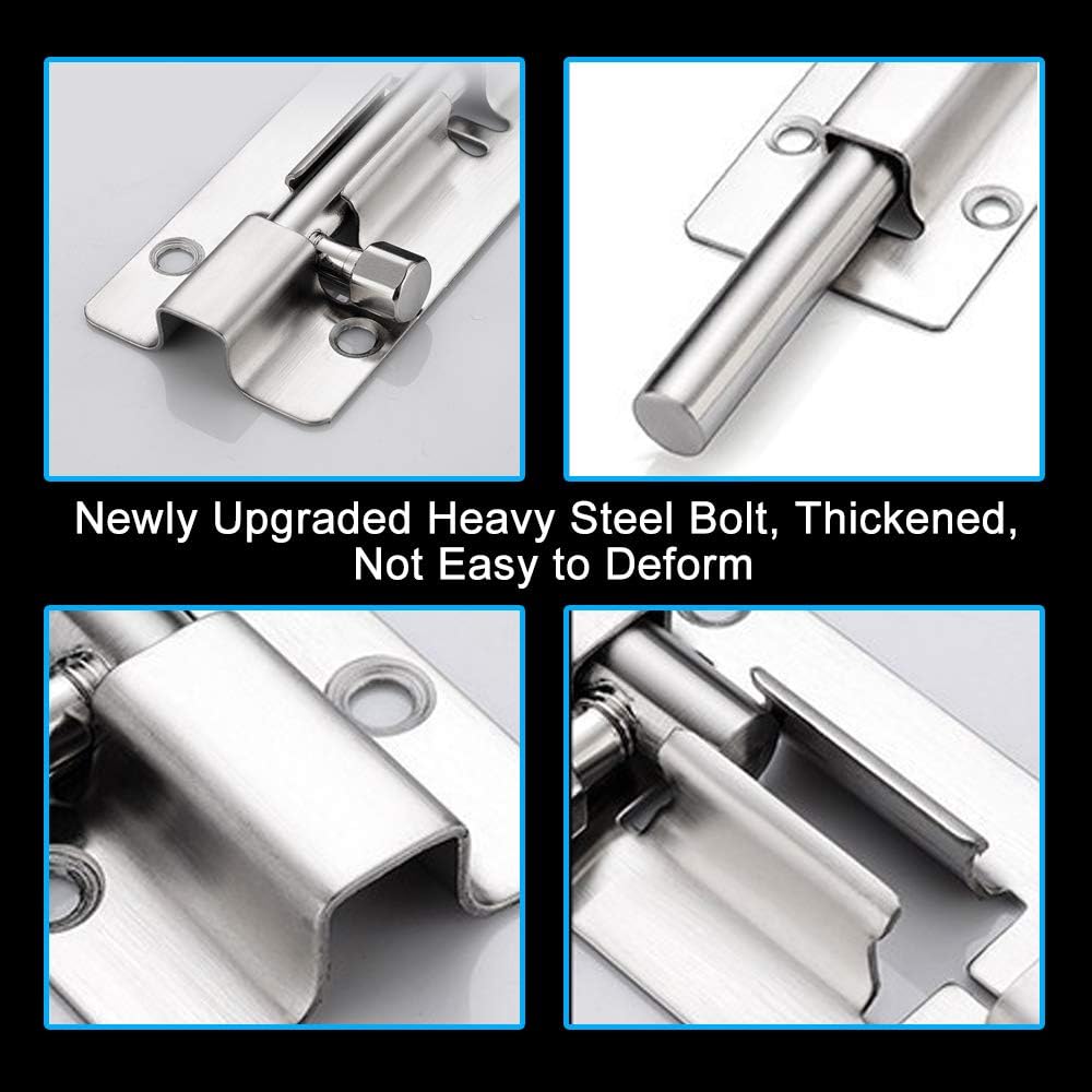 Stainless Steel Slide Bolt Latch 2-Pack - 3" Door Lock with Brushed Finish & Screws