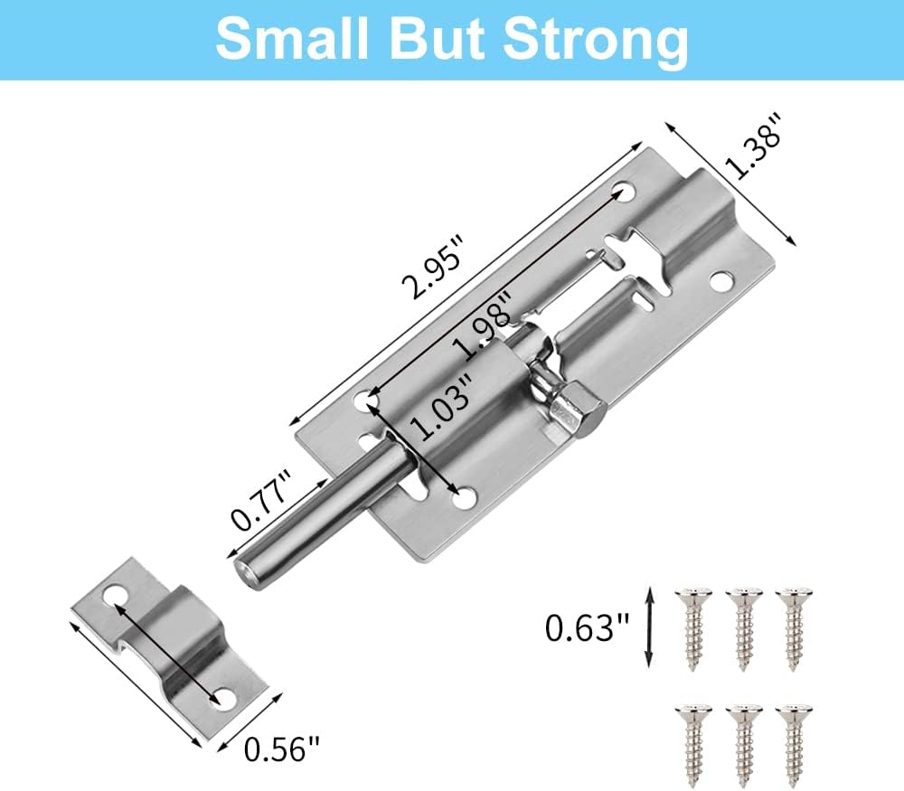 Stainless Steel Slide Bolt Latch 2-Pack - 3" Door Lock with Brushed Finish & Screws
