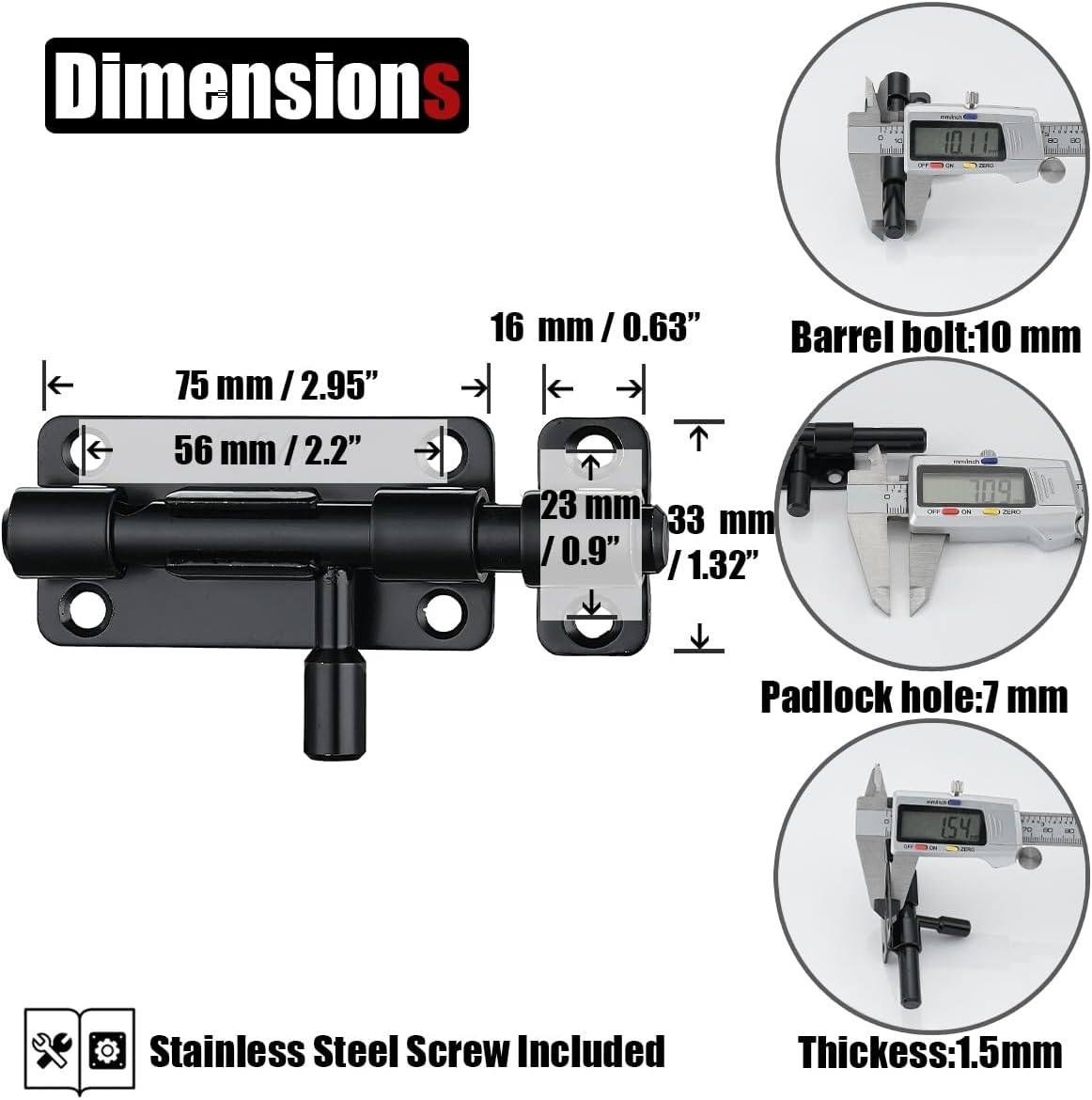 Stainless Steel Sliding Gate Latch Lock Barrel Bolt with Padlock Hole, Black Finish, 2 Pack - Heavy Duty Security Slide Latch