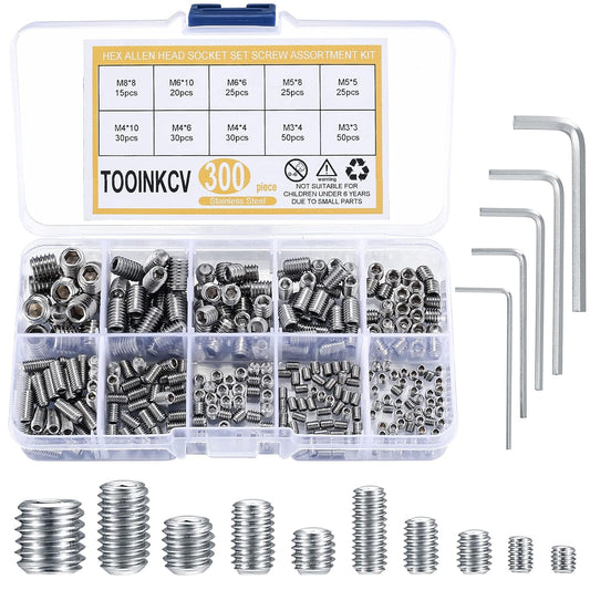 Stainless Steel Socket Head Screws Assortment Kit - Allen Hex M3 M4 M5 M6 M8 Grub Screws Set for Door Handles & Light Fixtures - 300 Pcs Metric