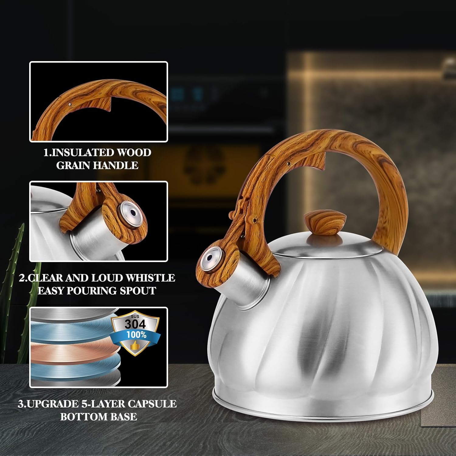 Stainless Steel Spiral Pattern Tea Kettle for Stove Top - Fast Heating, 2.1 Quart Capacity