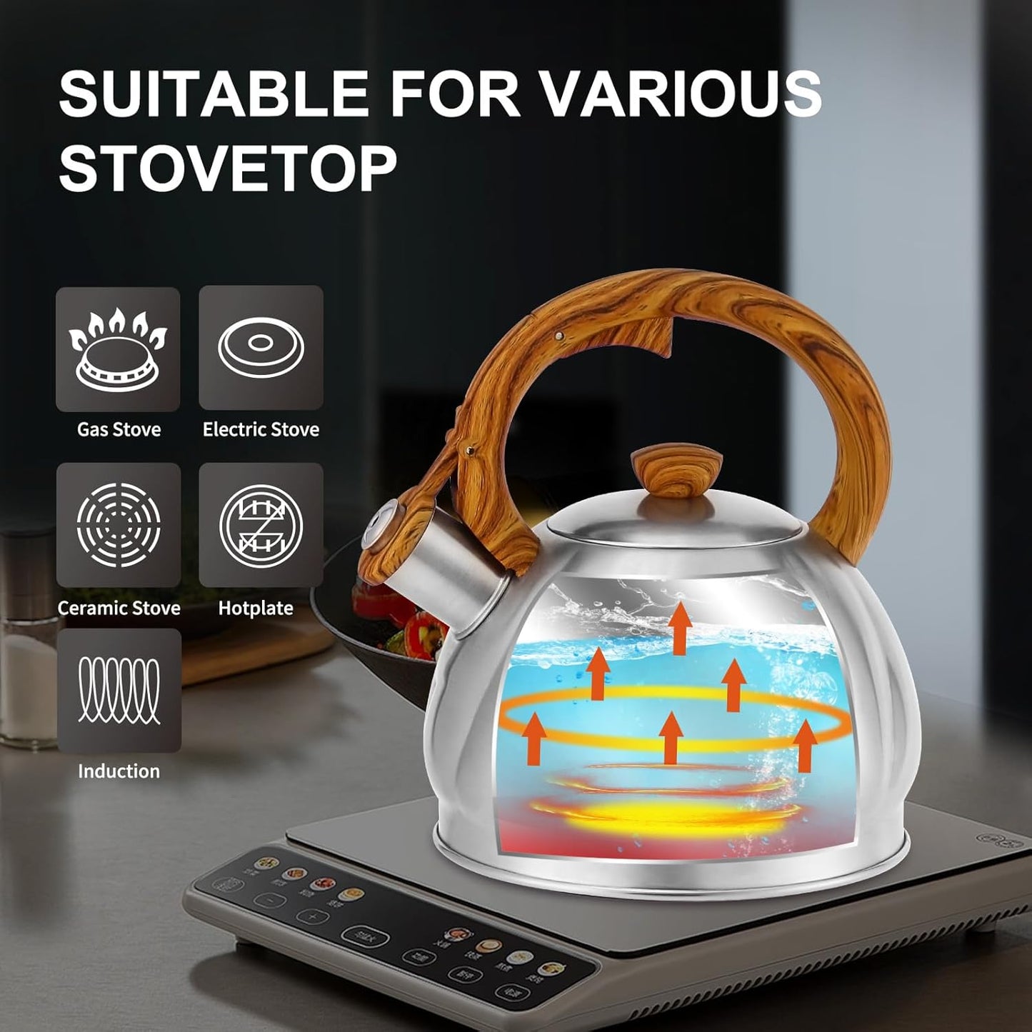 Stainless Steel Spiral Pattern Tea Kettle for Stove Top - Fast Heating, 2.1 Quart Capacity