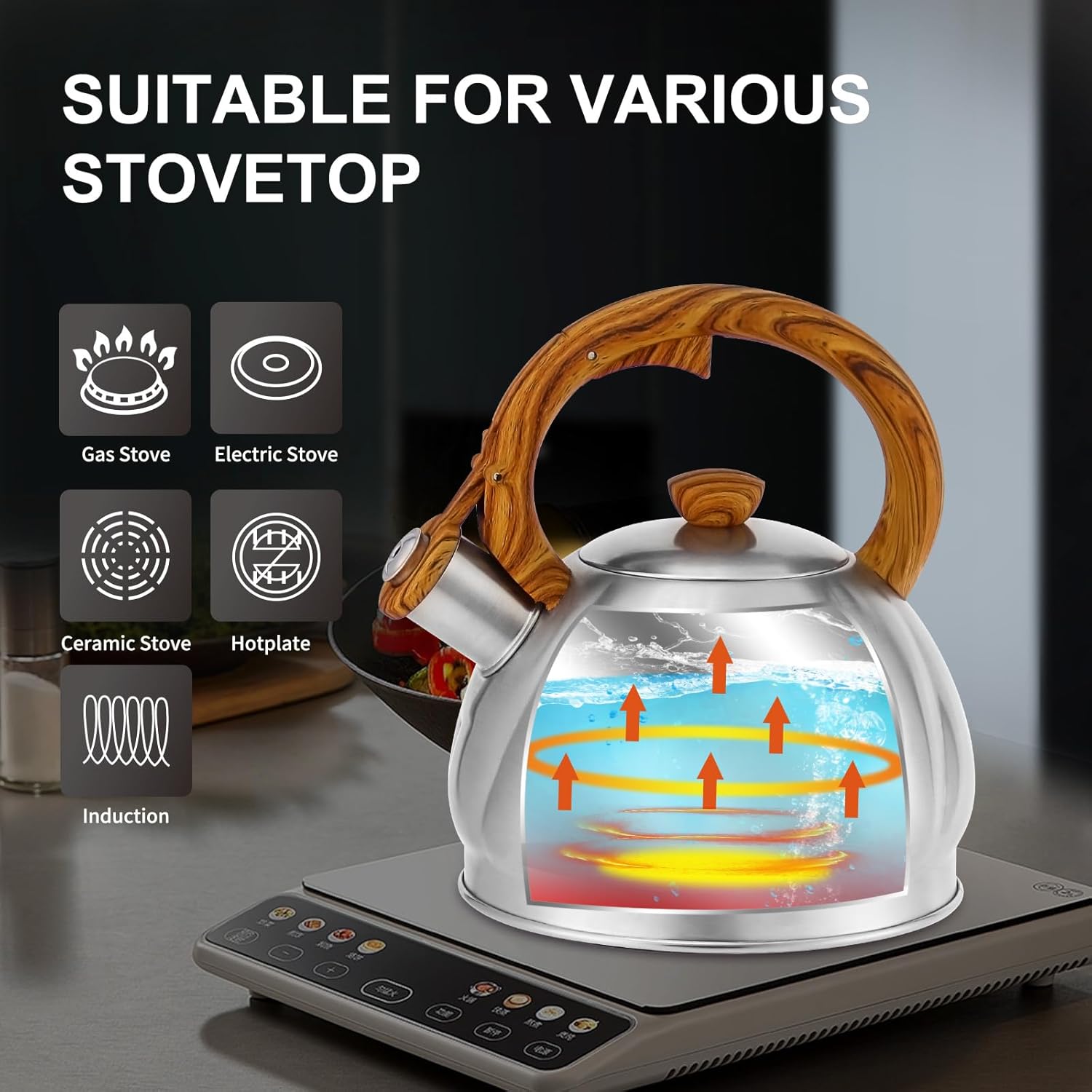 Stainless Steel Spiral Pattern Tea Kettle for Stove Top - Fast Heating, 2.1 Quart Capacity