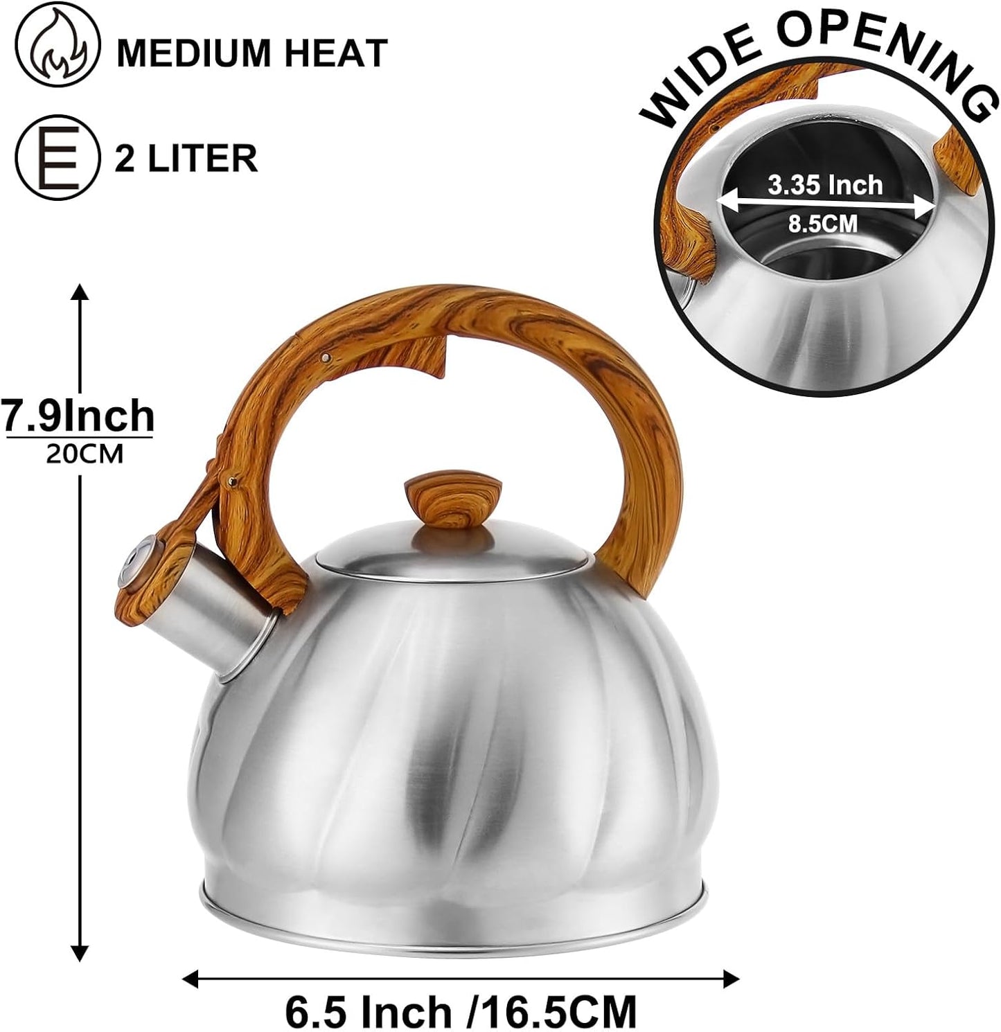Stainless Steel Spiral Pattern Tea Kettle for Stove Top - Fast Heating, 2.1 Quart Capacity