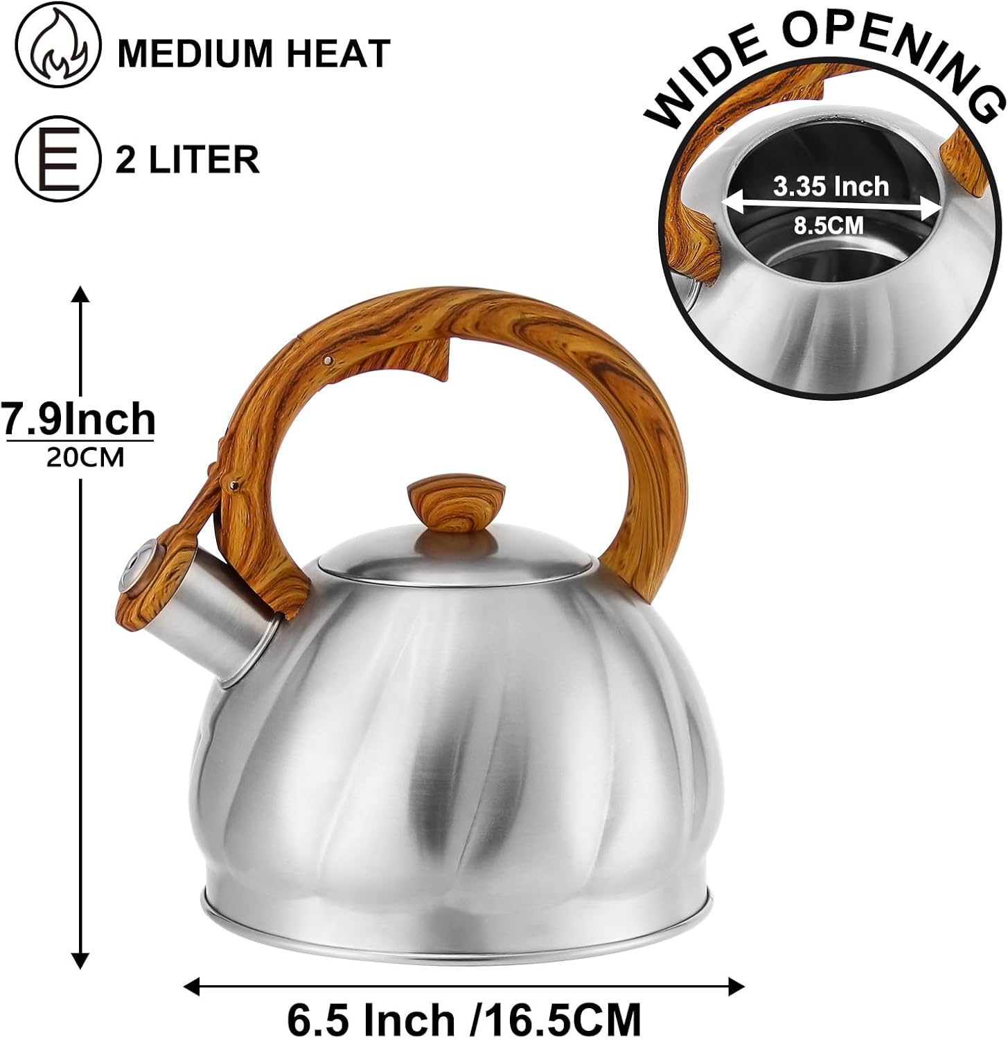 Stainless Steel Spiral Pattern Tea Kettle for Stove Top - Fast Heating, 2.1 Quart Capacity