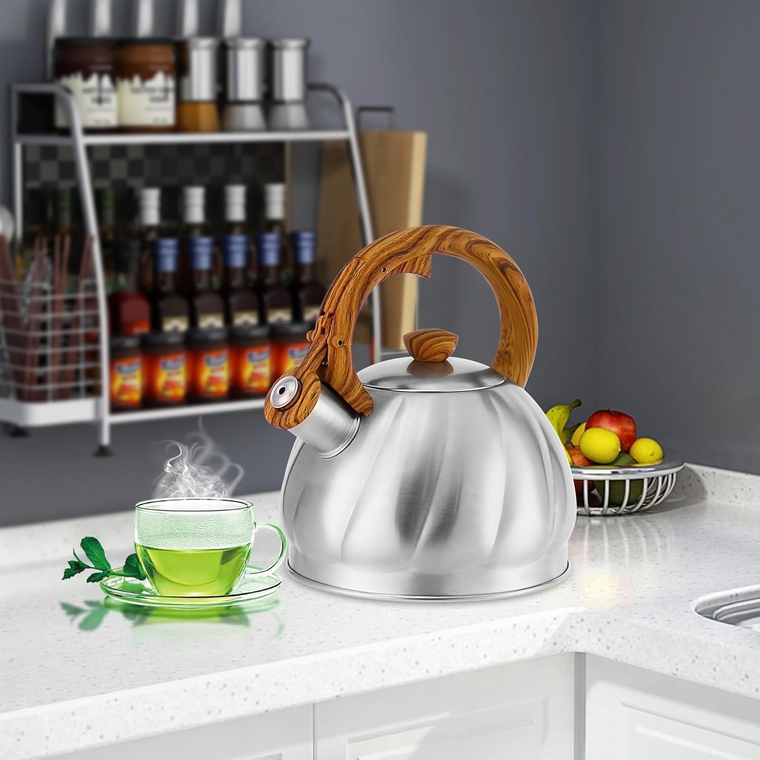 Stainless Steel Spiral Pattern Tea Kettle for Stove Top - Fast Heating, 2.1 Quart Capacity