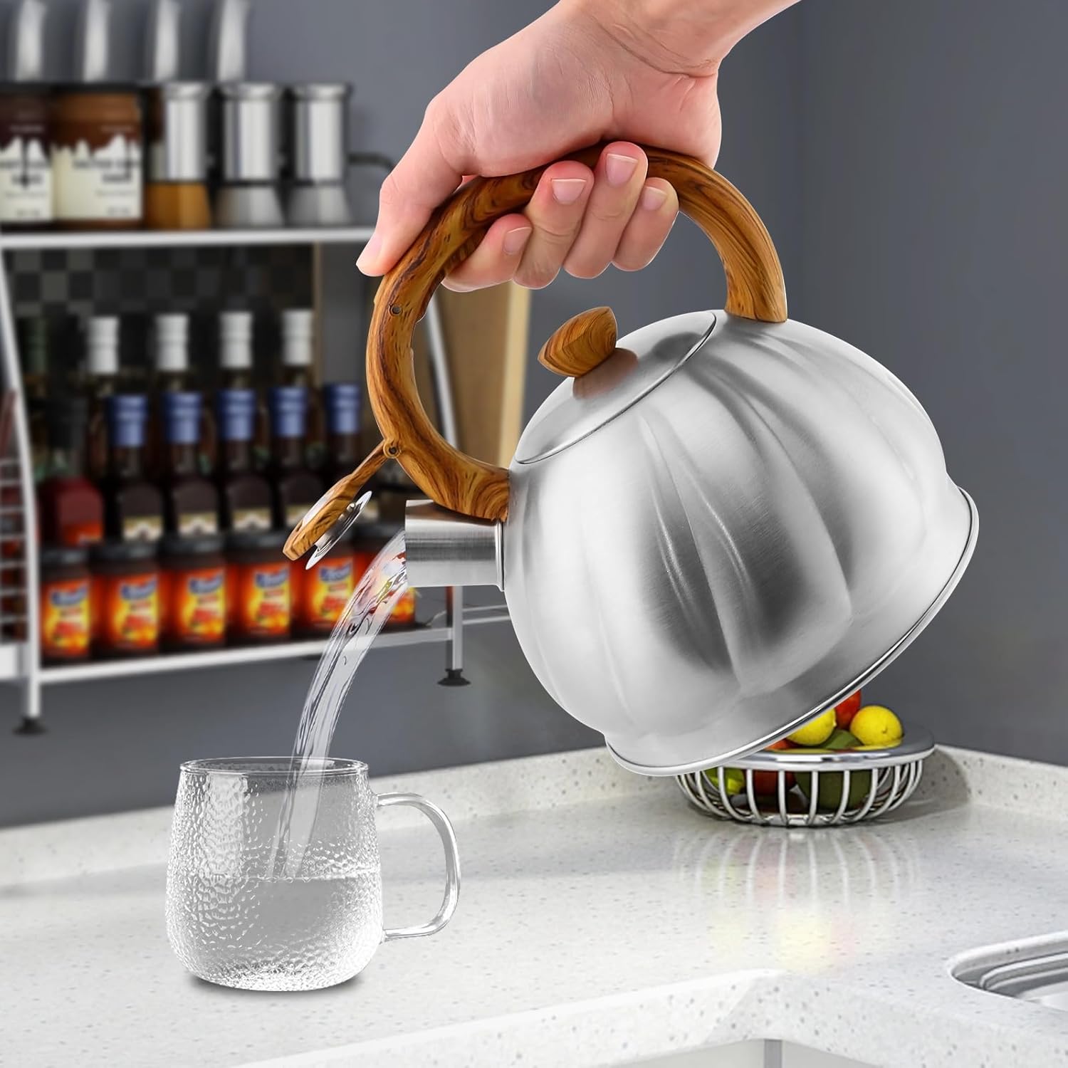 Stainless Steel Spiral Pattern Tea Kettle for Stove Top - Fast Heating, 2.1 Quart Capacity
