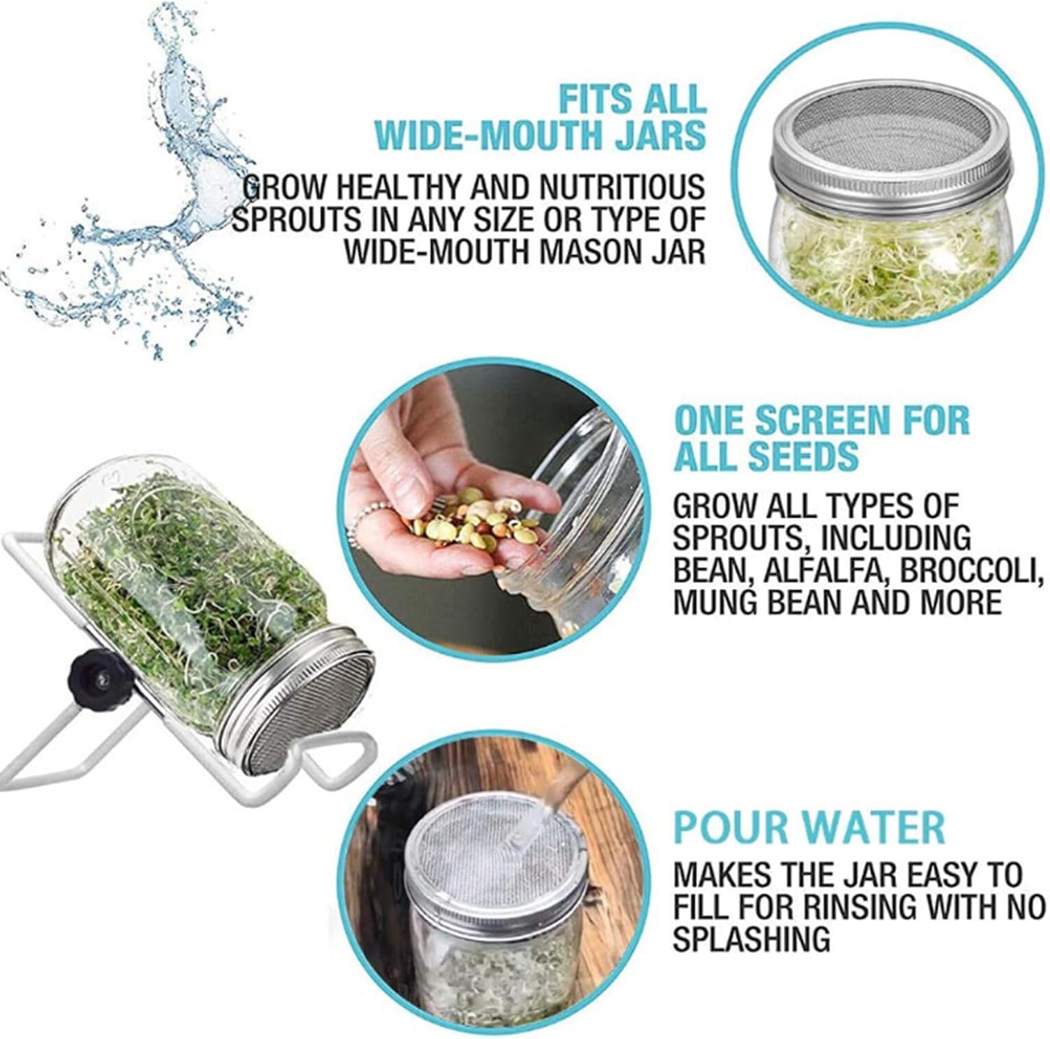Stainless Steel Sprouting Stands for Wide & Regular Mouth Mason Jars - 4 Pack - Canning Jars Holder