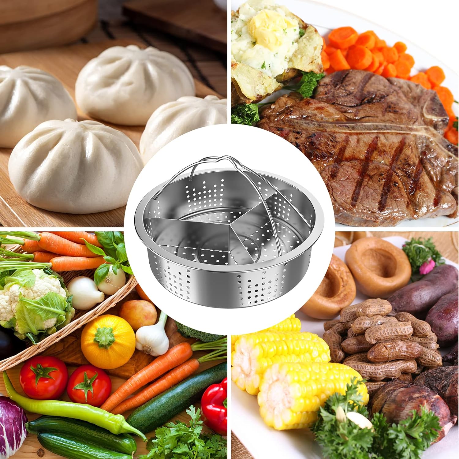 Stainless Steel Steamer Basket Rack Trio Set - Vegetable Steaming Stand for Pressure Cooker, Separator Holder Stand