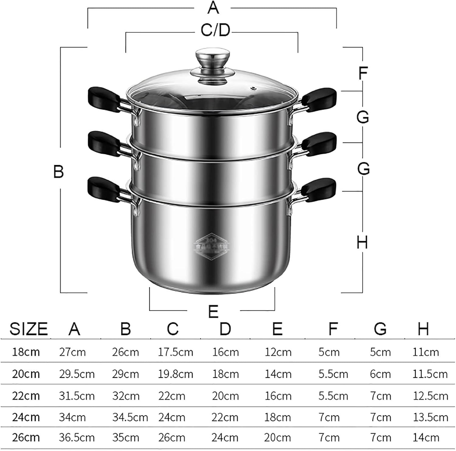 Stainless Steel Steamer Cookware Pot with 0.65mm Thick Bottom - Ideal for Steaming and Stewing (26cm)