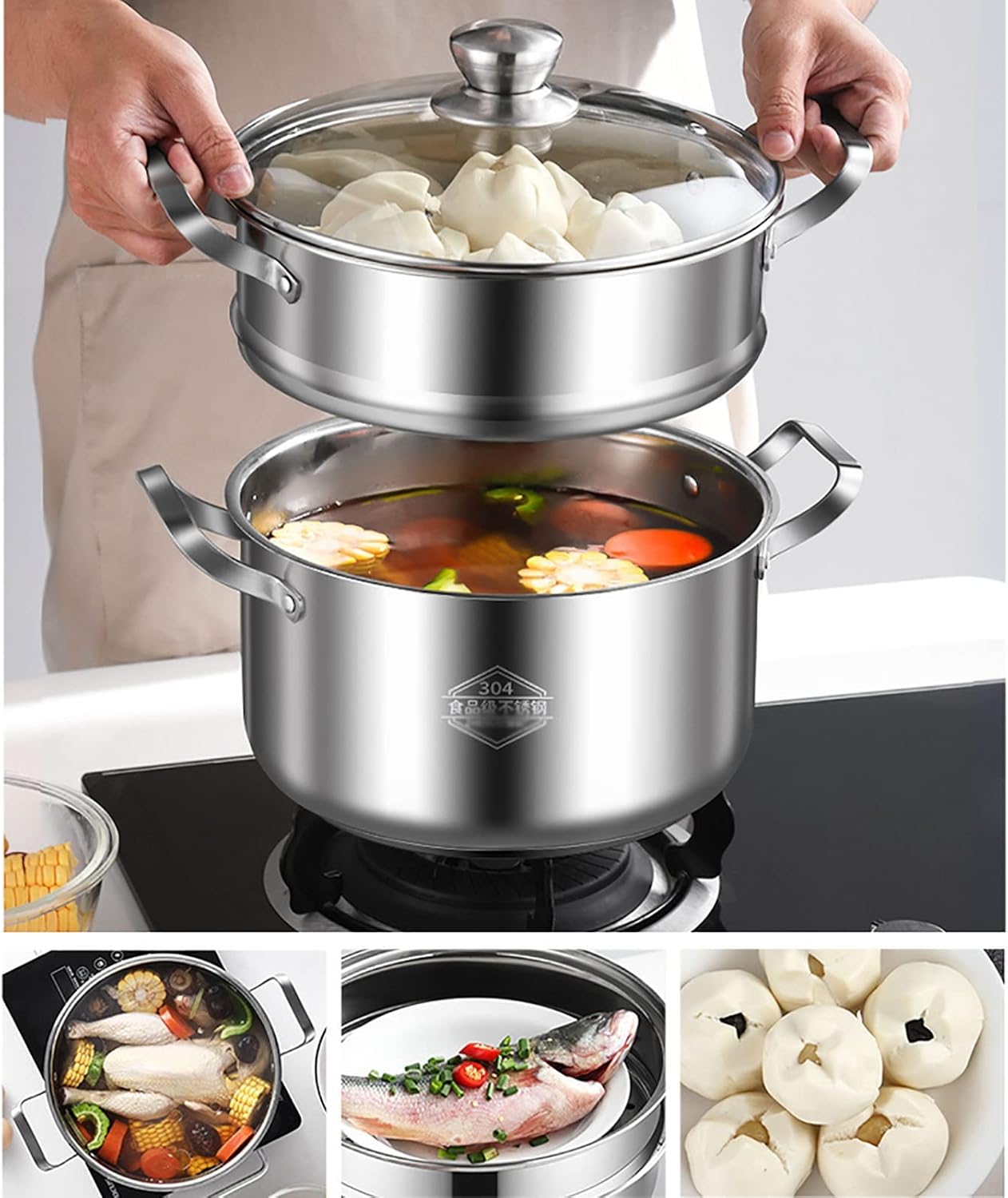 Stainless Steel Steamer Cookware Pot with 0.65mm Thick Bottom - Ideal for Steaming and Stewing (26cm)