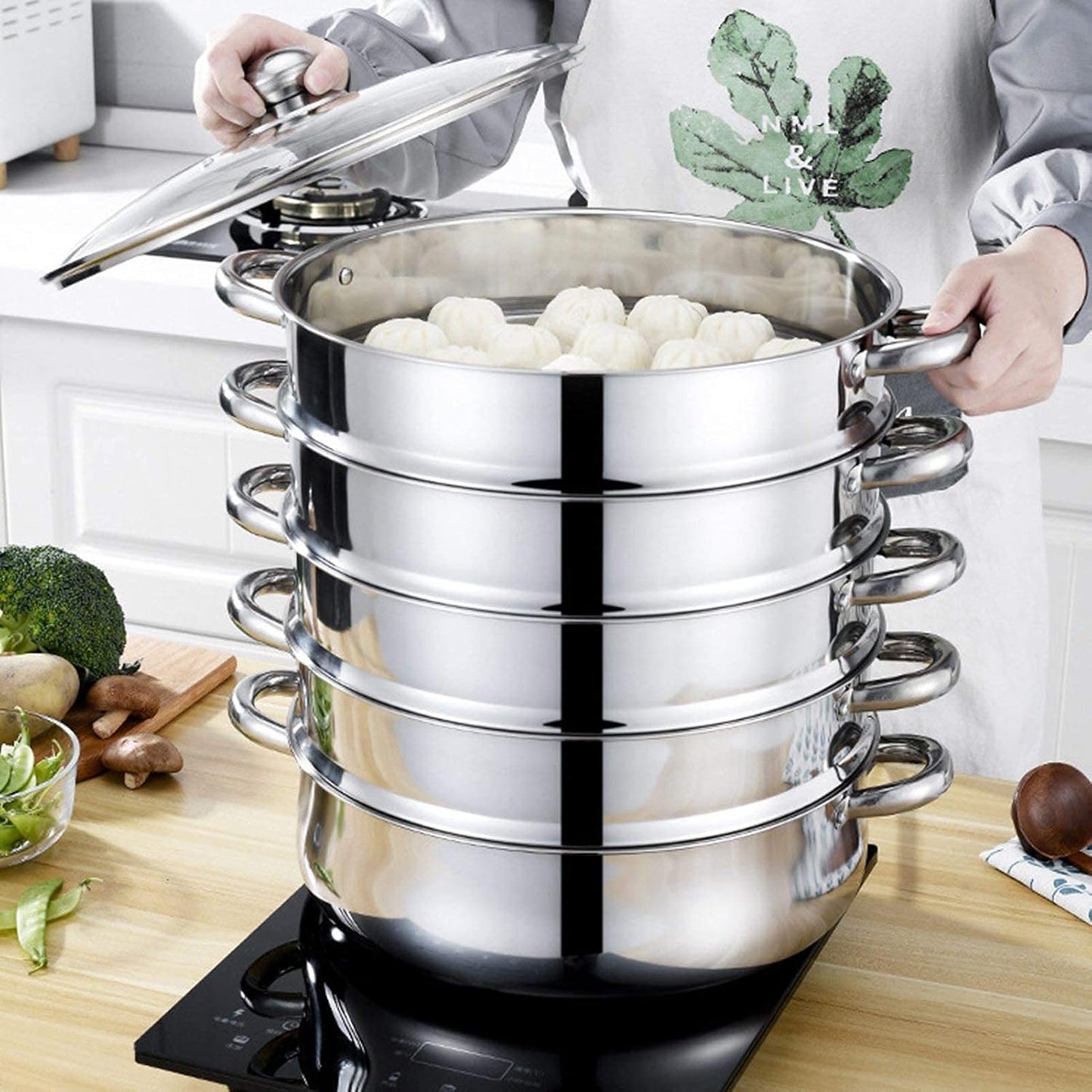 Stainless Steel Steamer Cookware Set with Glass Lid, 5 Tier Vegetable Steamer Pot