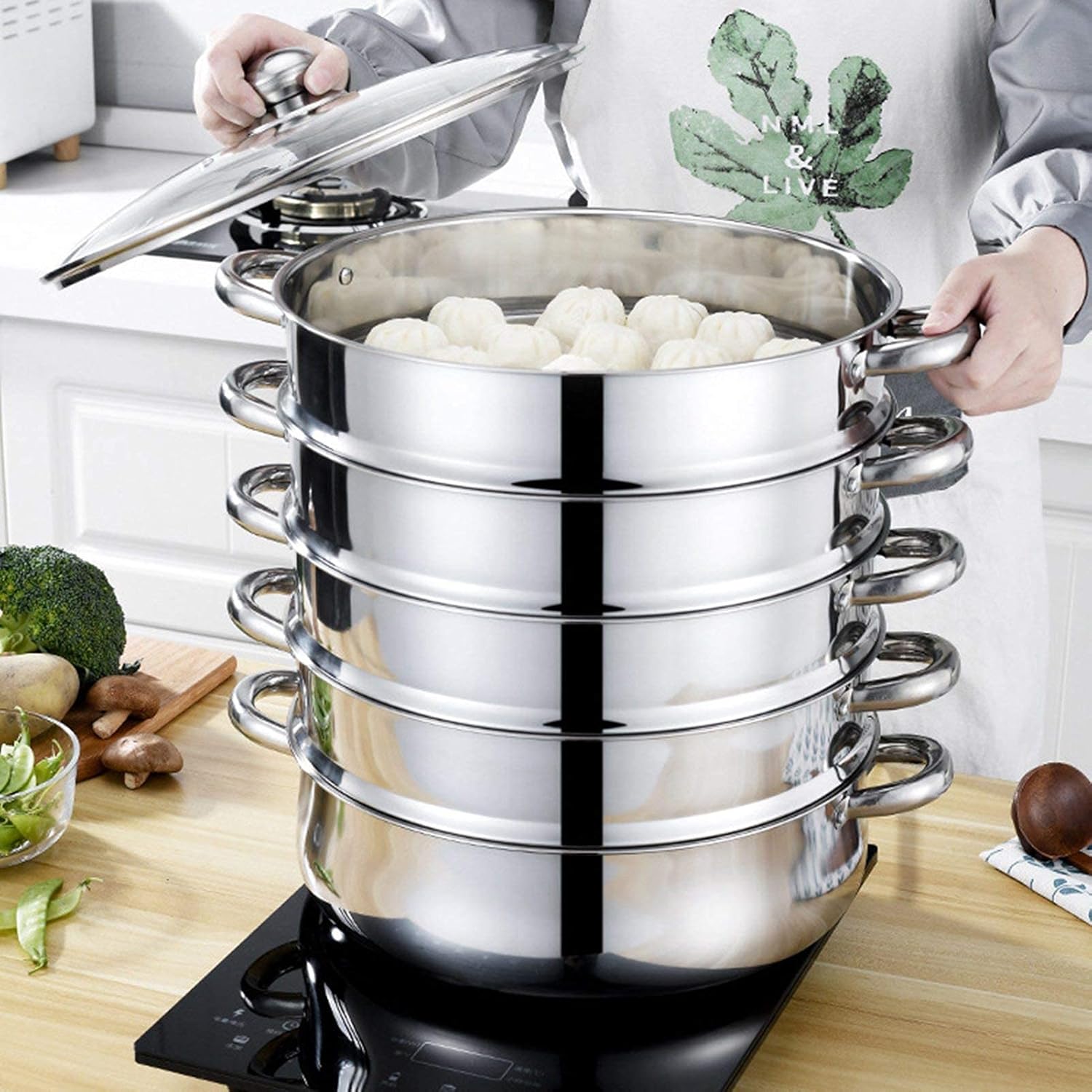 Stainless Steel Steamer Cookware Set with Glass Lid, 5 Tier Vegetable Steamer Pot