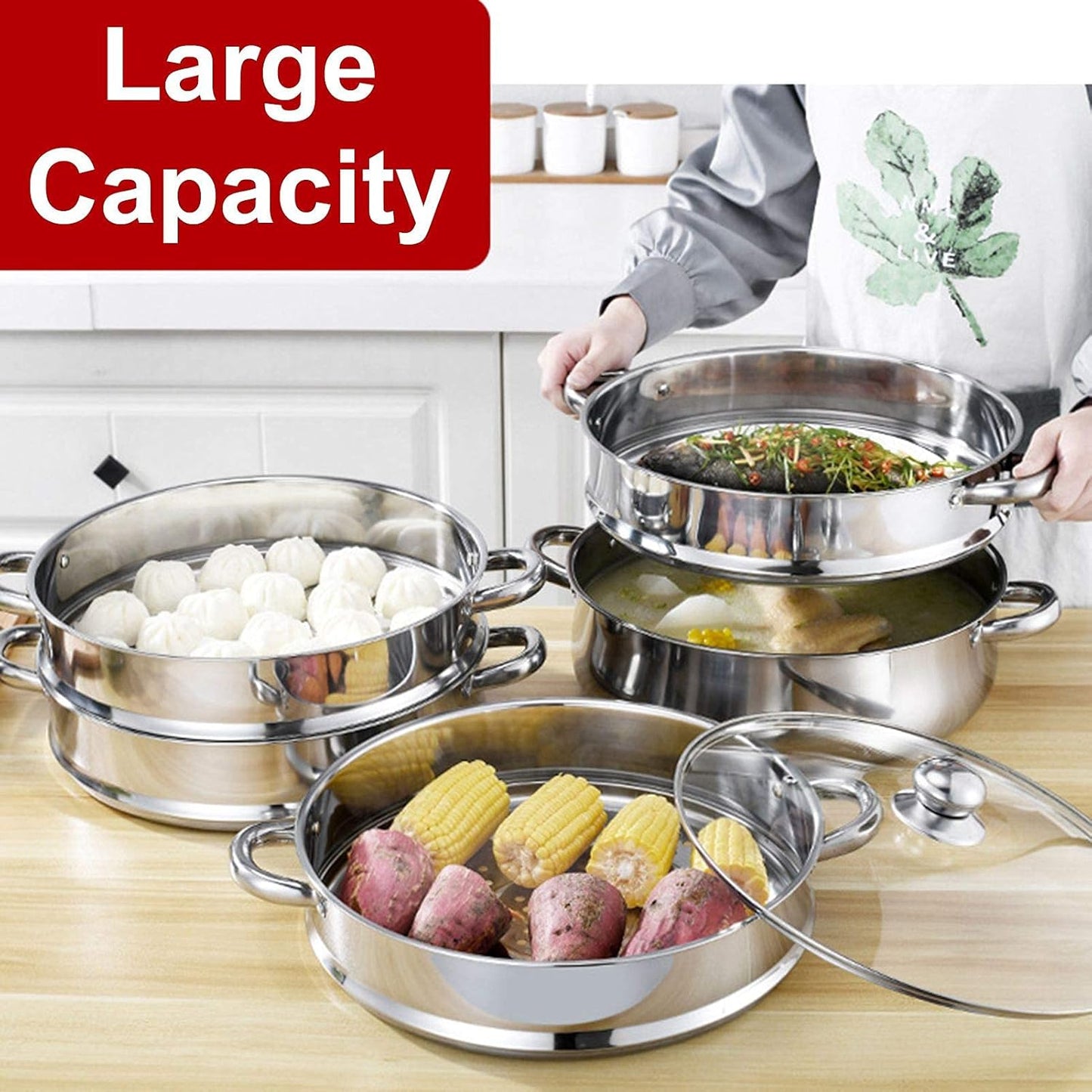 Stainless Steel Steamer Cookware Set with Glass Lid, 5 Tier Vegetable Steamer Pot