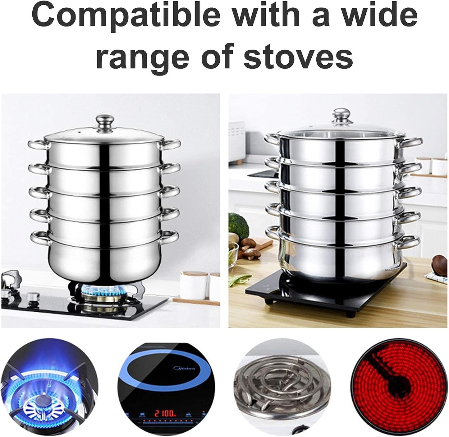 Stainless Steel Steamer Cookware Set with Glass Lid, 5 Tier Vegetable Steamer Pot