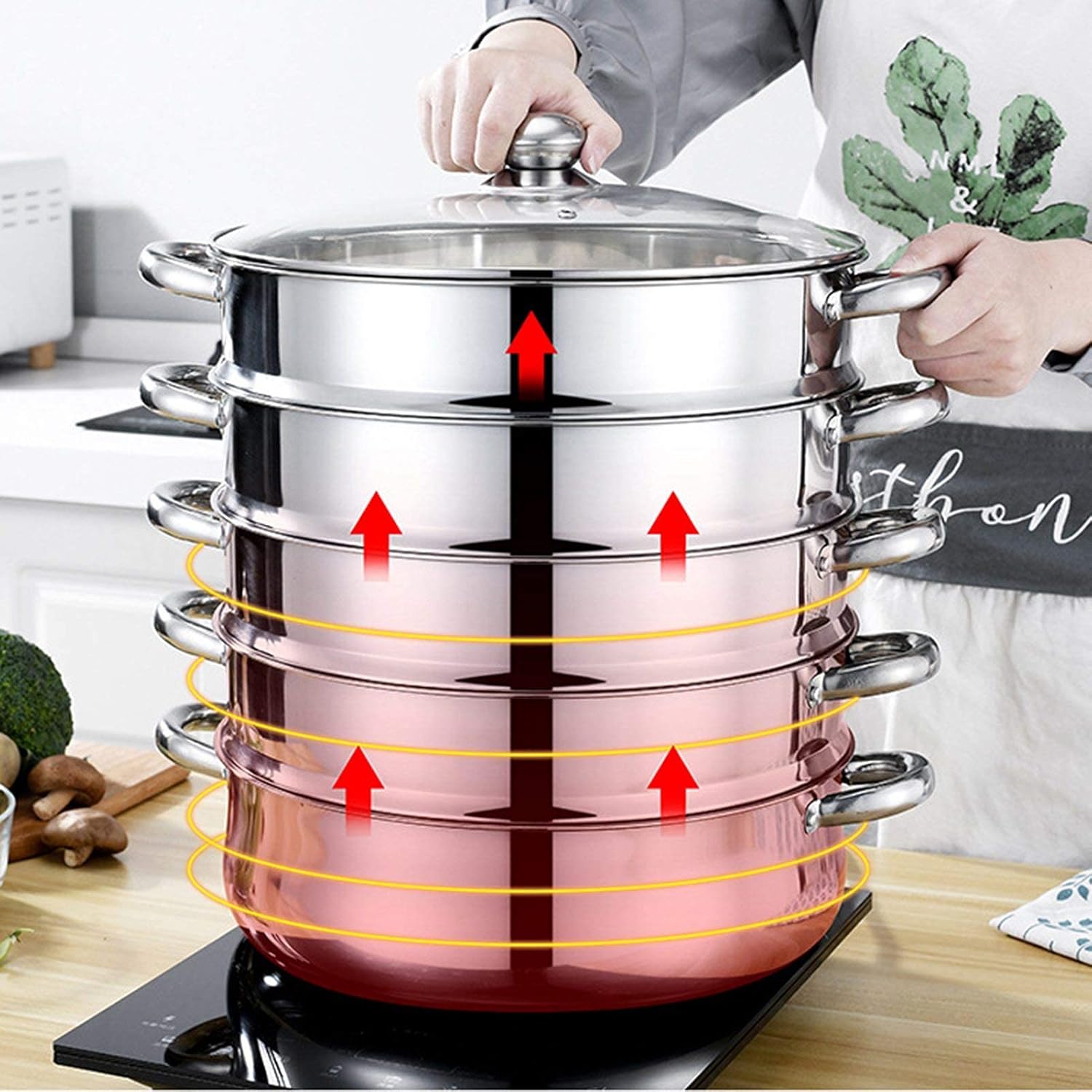 Stainless Steel Steamer Cookware Set with Glass Lid, 5 Tier Vegetable Steamer Pot