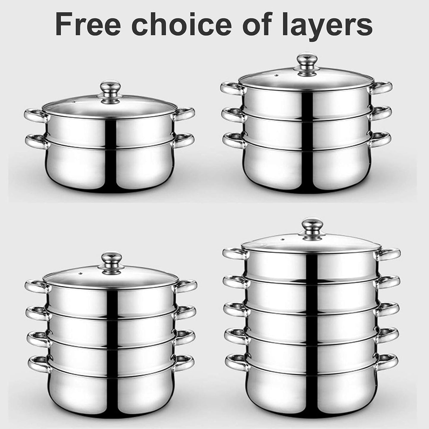 Stainless Steel Steamer Cookware Set with Glass Lid, 5 Tier Vegetable Steamer Pot