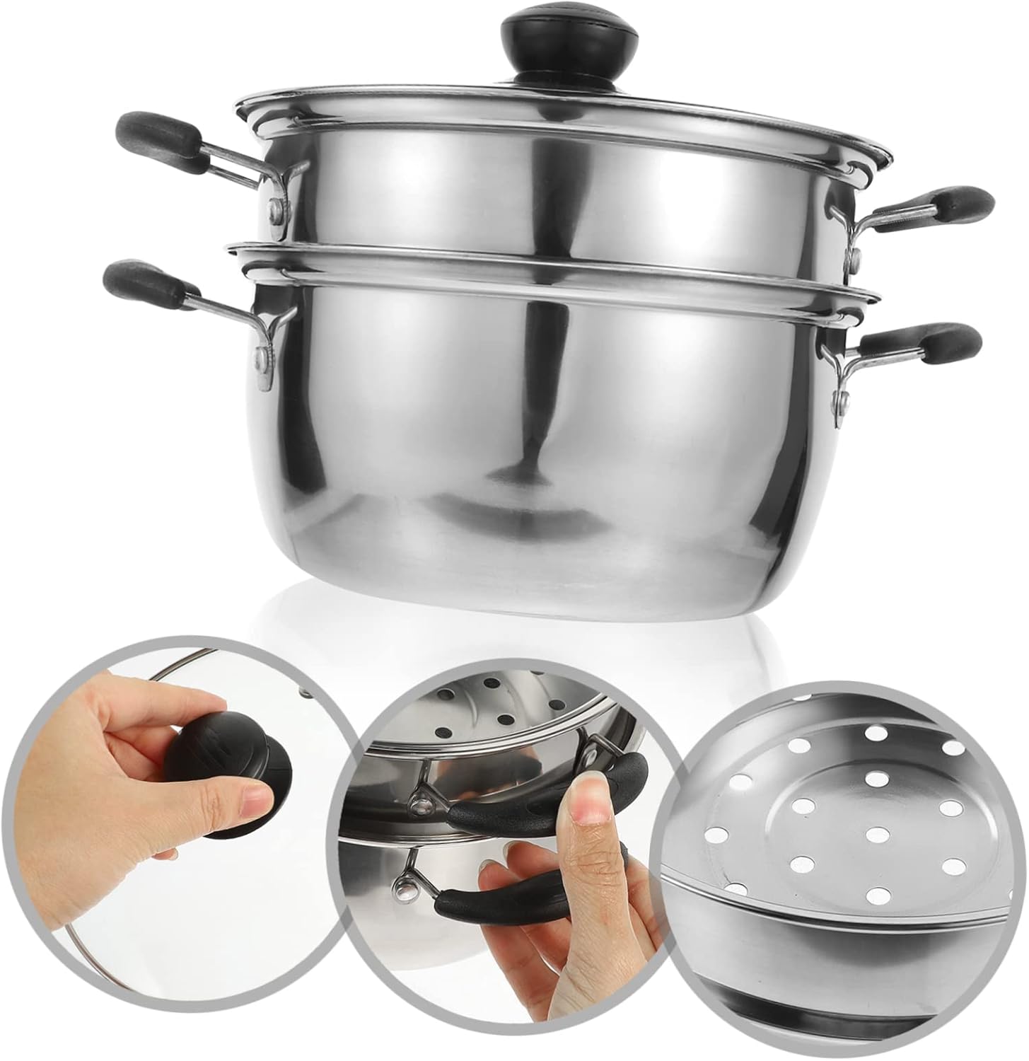 Stainless Steel Steamer Pot with Glass Lid for Instant Pasta and Rice Cooking on Induction Stove