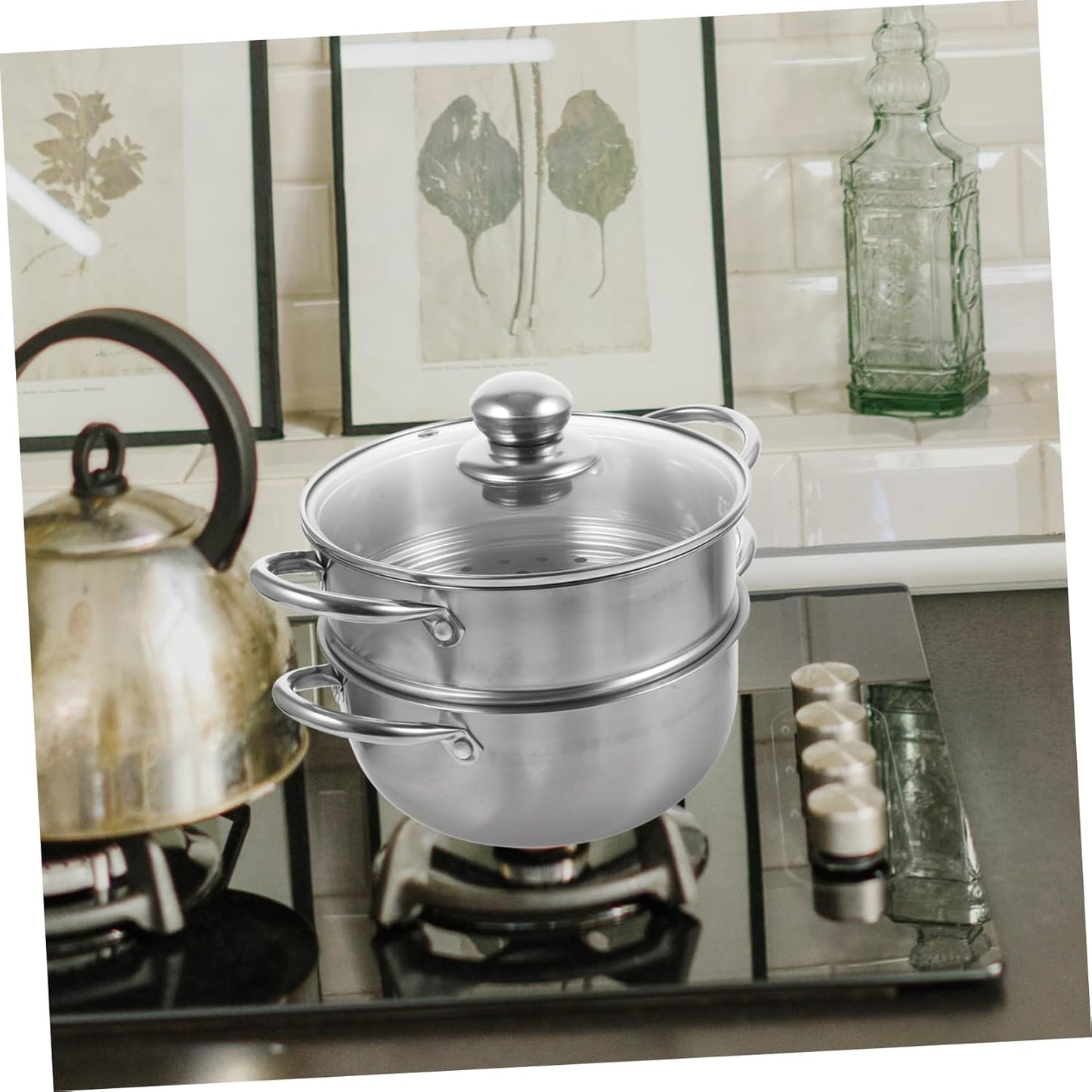 Stainless Steel Steamer Pot with Glass Lid for Instant Pasta and Rice Cooking on Induction Stove