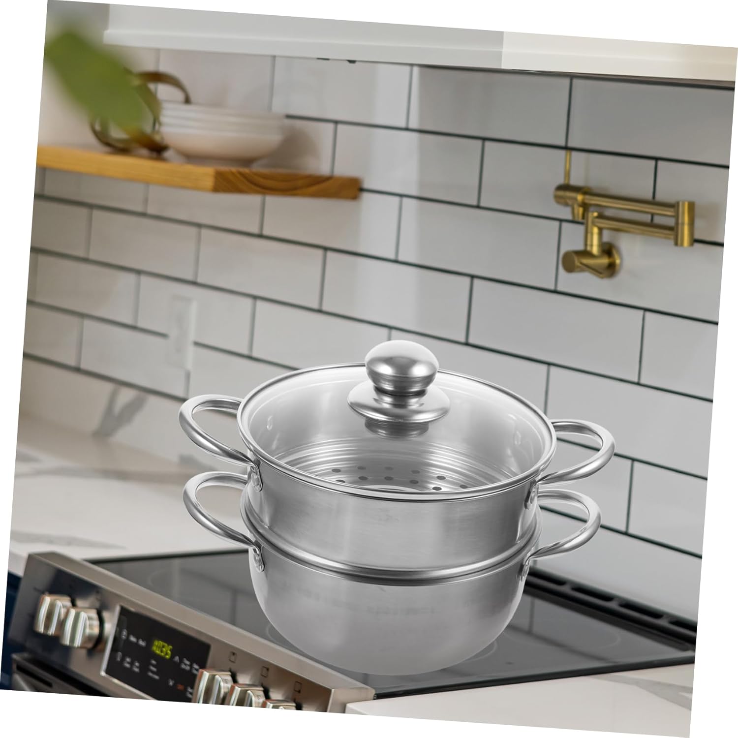 Stainless Steel Steamer Pot with Glass Lid for Instant Pasta and Rice Cooking on Induction Stove