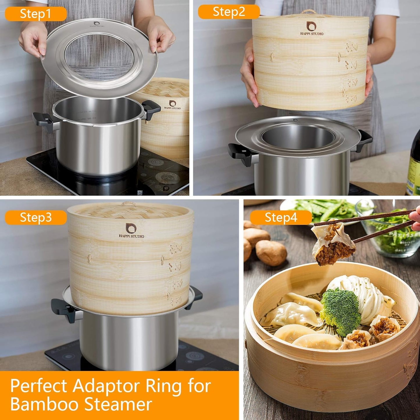 Stainless Steel Steamer Ring Adapter for 8-11 inch Bamboo Steamer Baskets