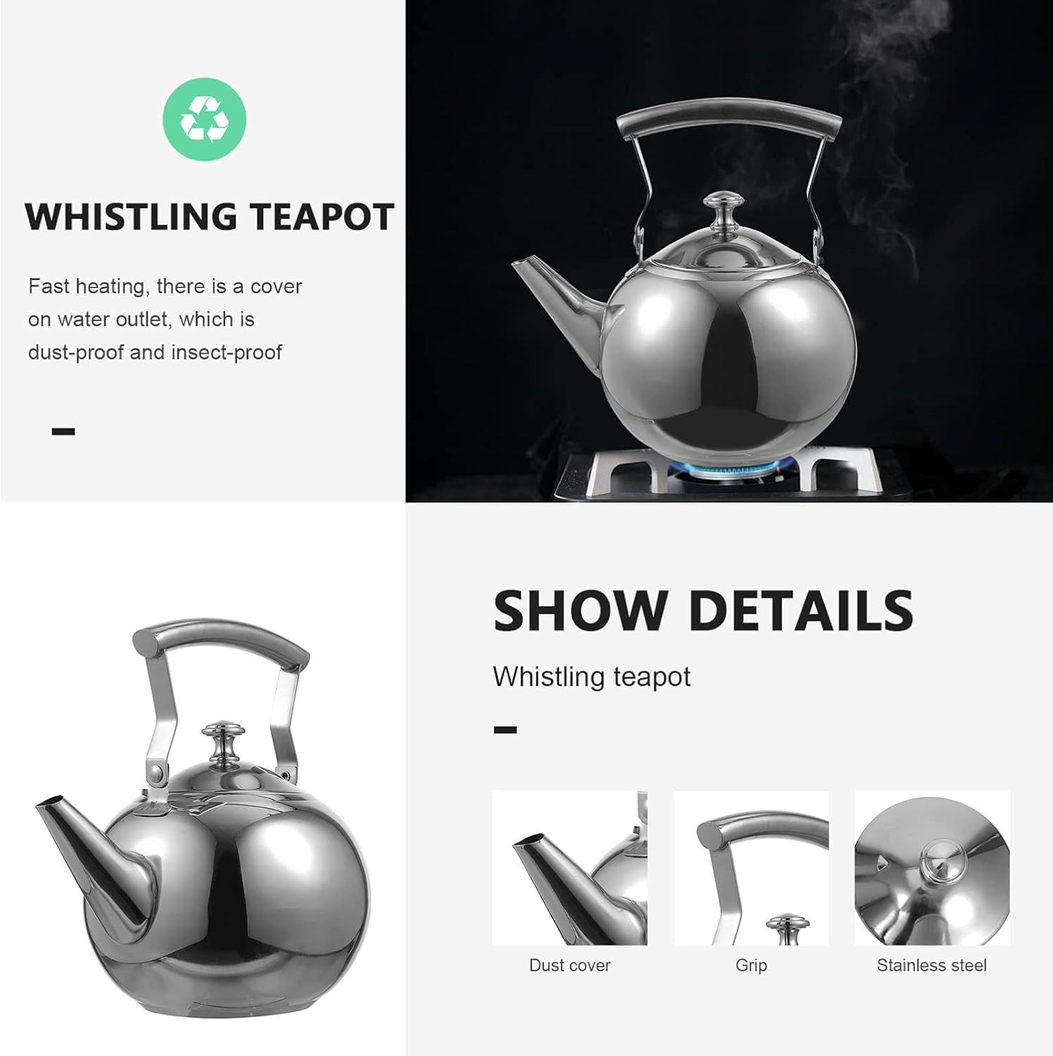 Stainless Steel Stovetop Tea Kettle with Handle, Infuser, 1L Capacity - Heavy Duty Whistling Tea Pot