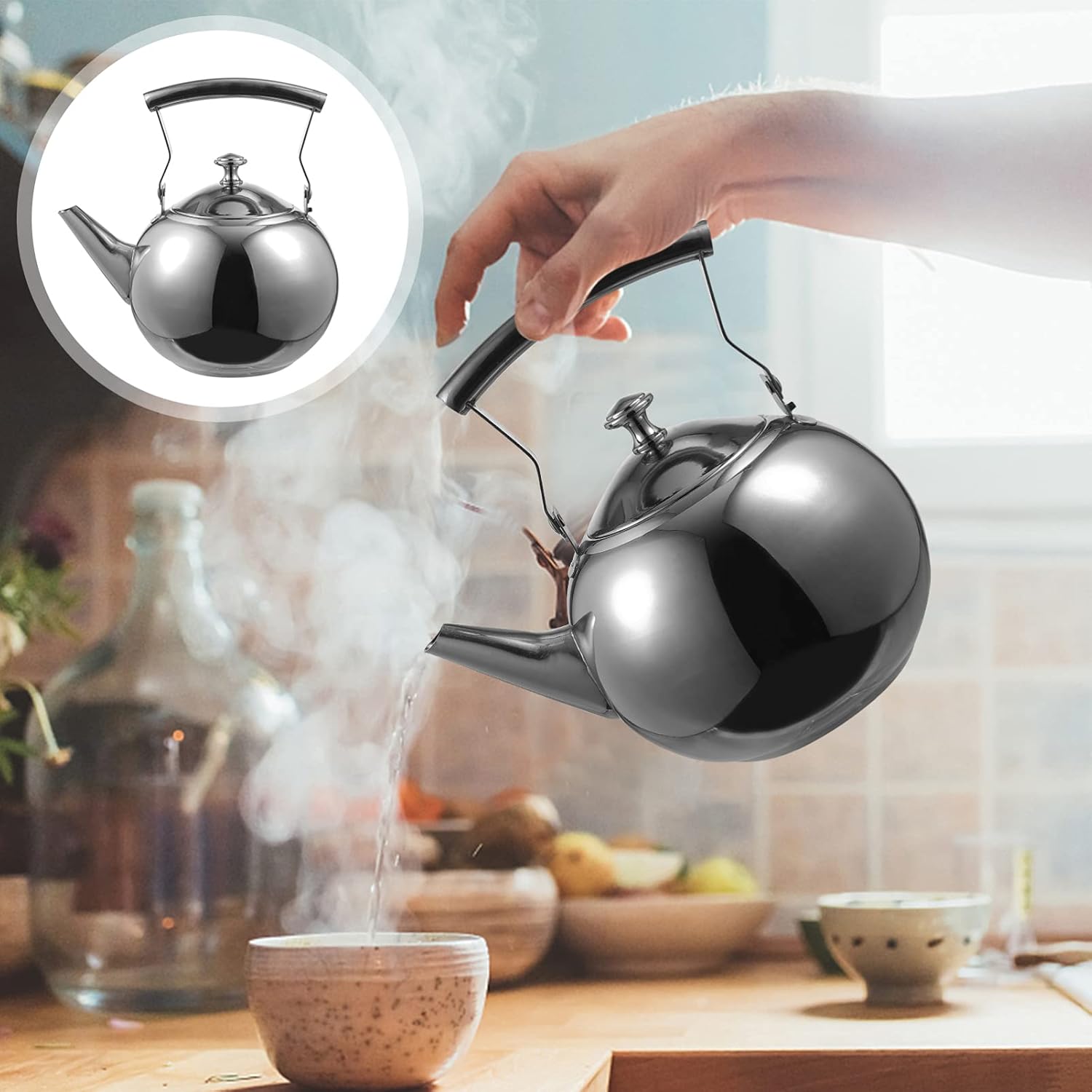 Stainless Steel Stovetop Tea Kettle with Handle, Infuser, 1L Capacity - Heavy Duty Whistling Tea Pot